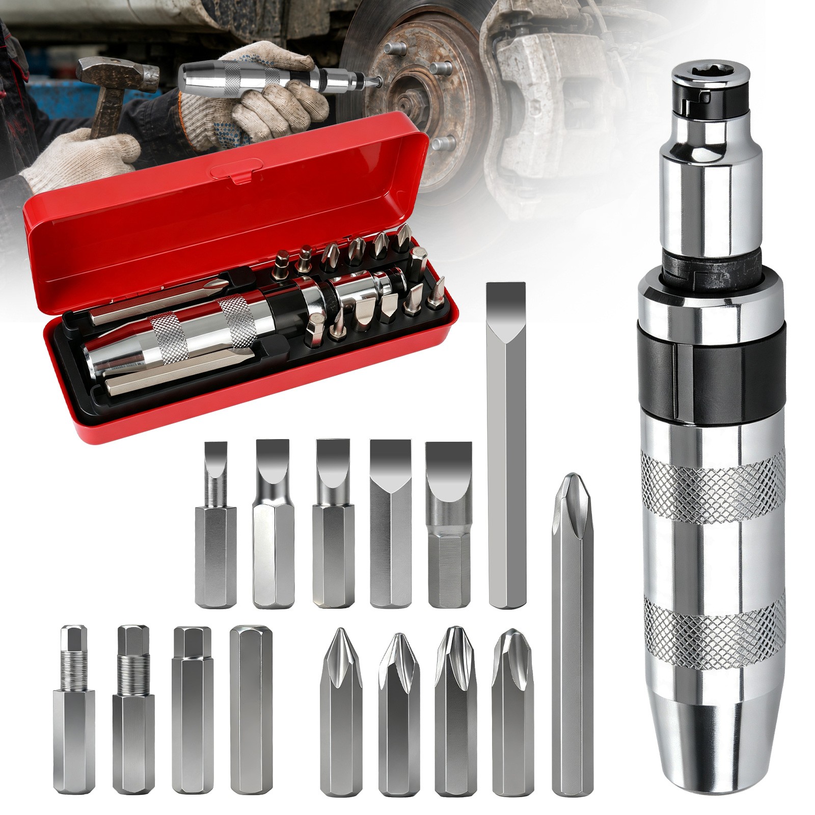 16Pcs 1/2&Prime; Drive Manual Impact Driver Kit Reversible Hand Impact Screwdriver Set