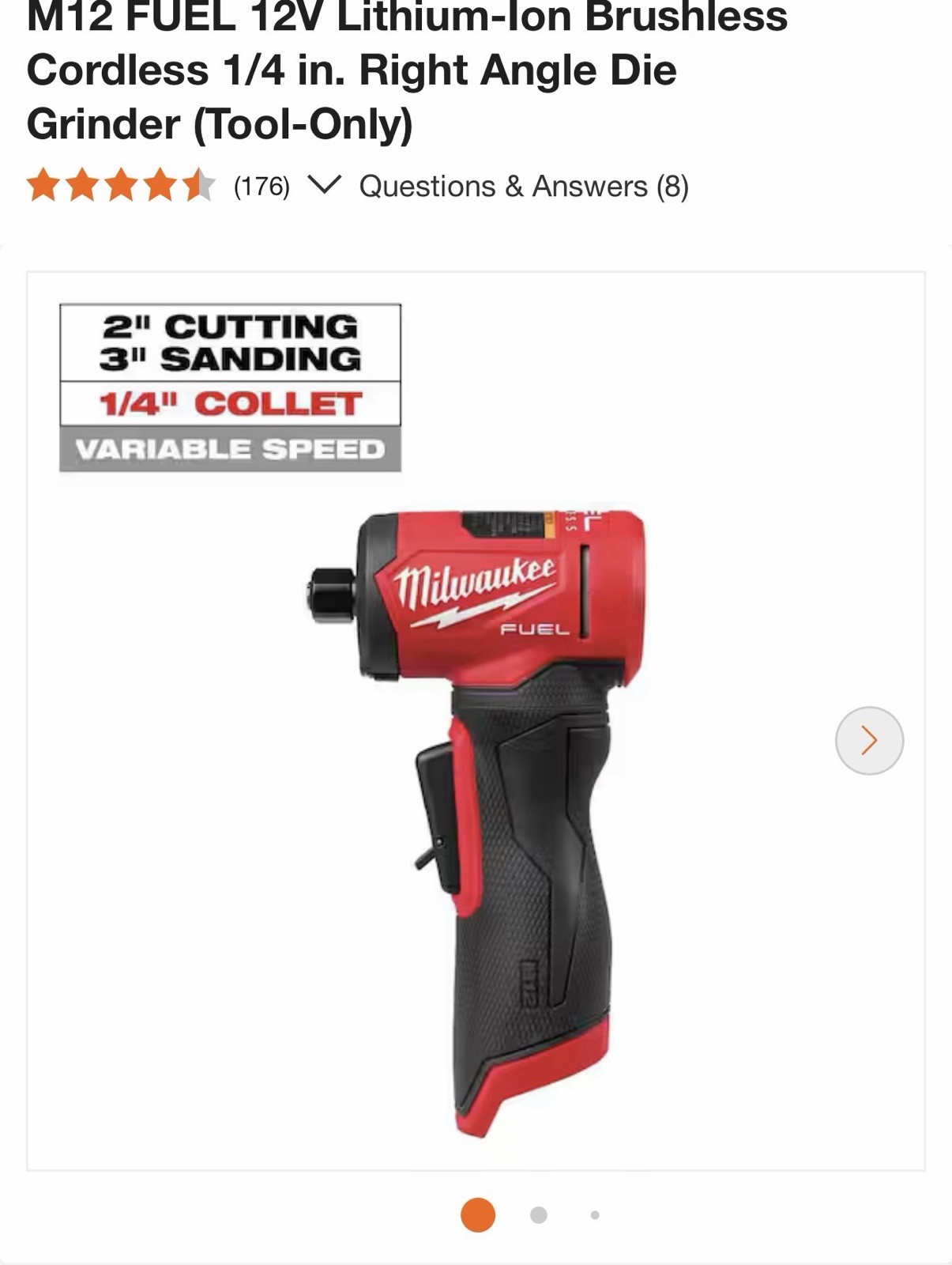 Milwaukee 3485-20 M12 Fuel 1/4 Inch Brushless Right Angle Die Grinder