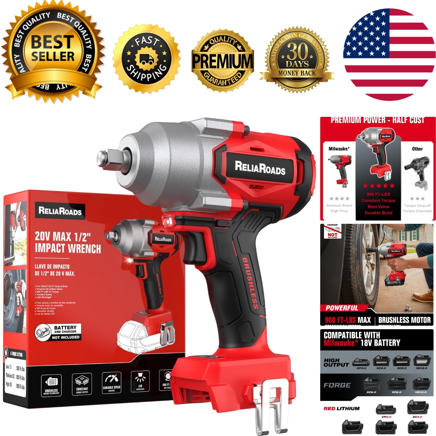 1/2 Inch Milwaukee Compatible Impact Gun – 900 Ft-lbs Torque for Precision Tasks