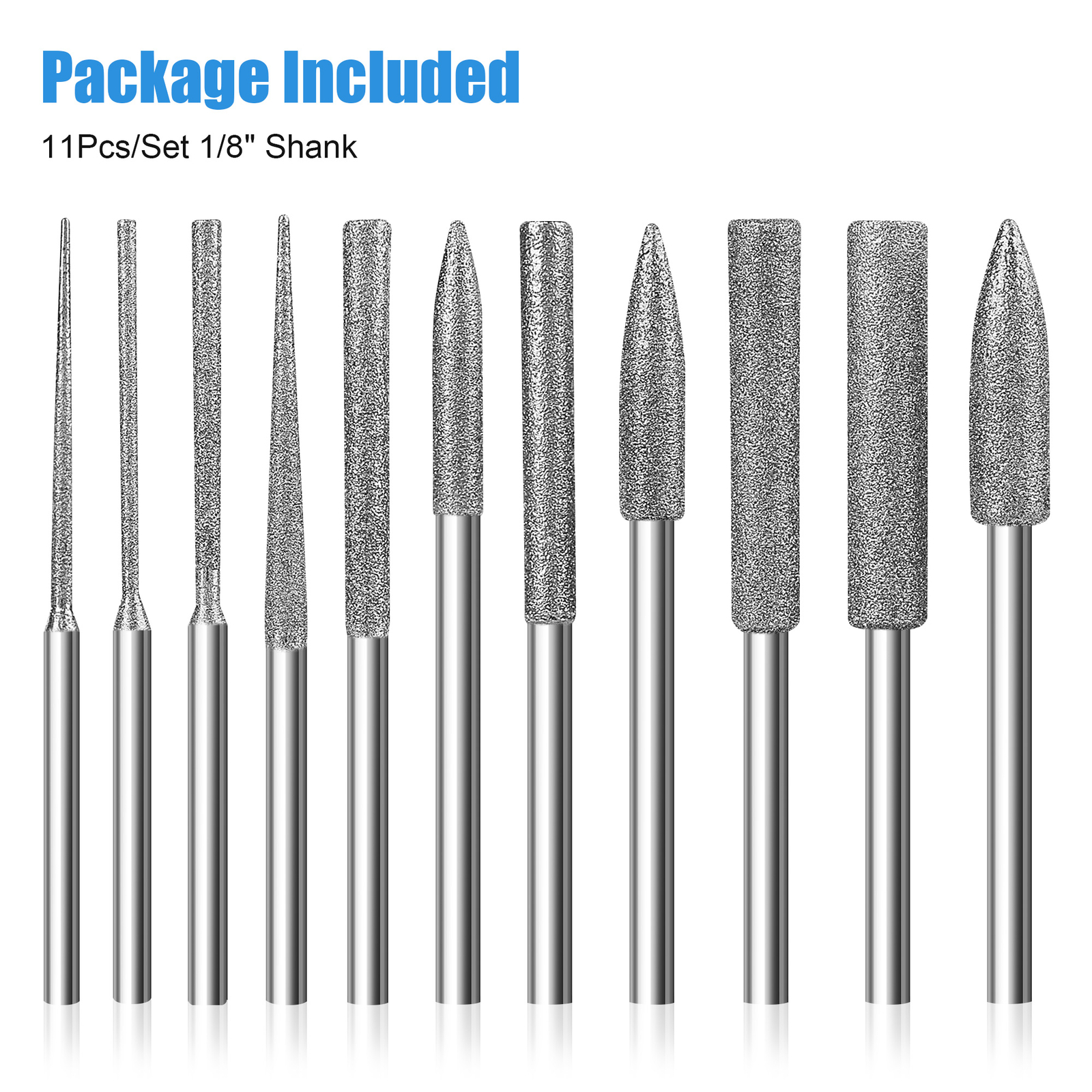 11x Diamond Burr Bits Rotary Tools Kit 1/8&Prime; Shank For Carving Grinding Polishing