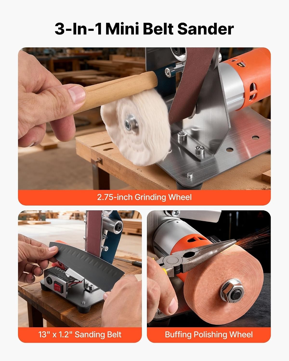3-in-1 Mini Belt Sander with 2.75&Prime; Grinding Wheel – Adjustable Speed & Compac…