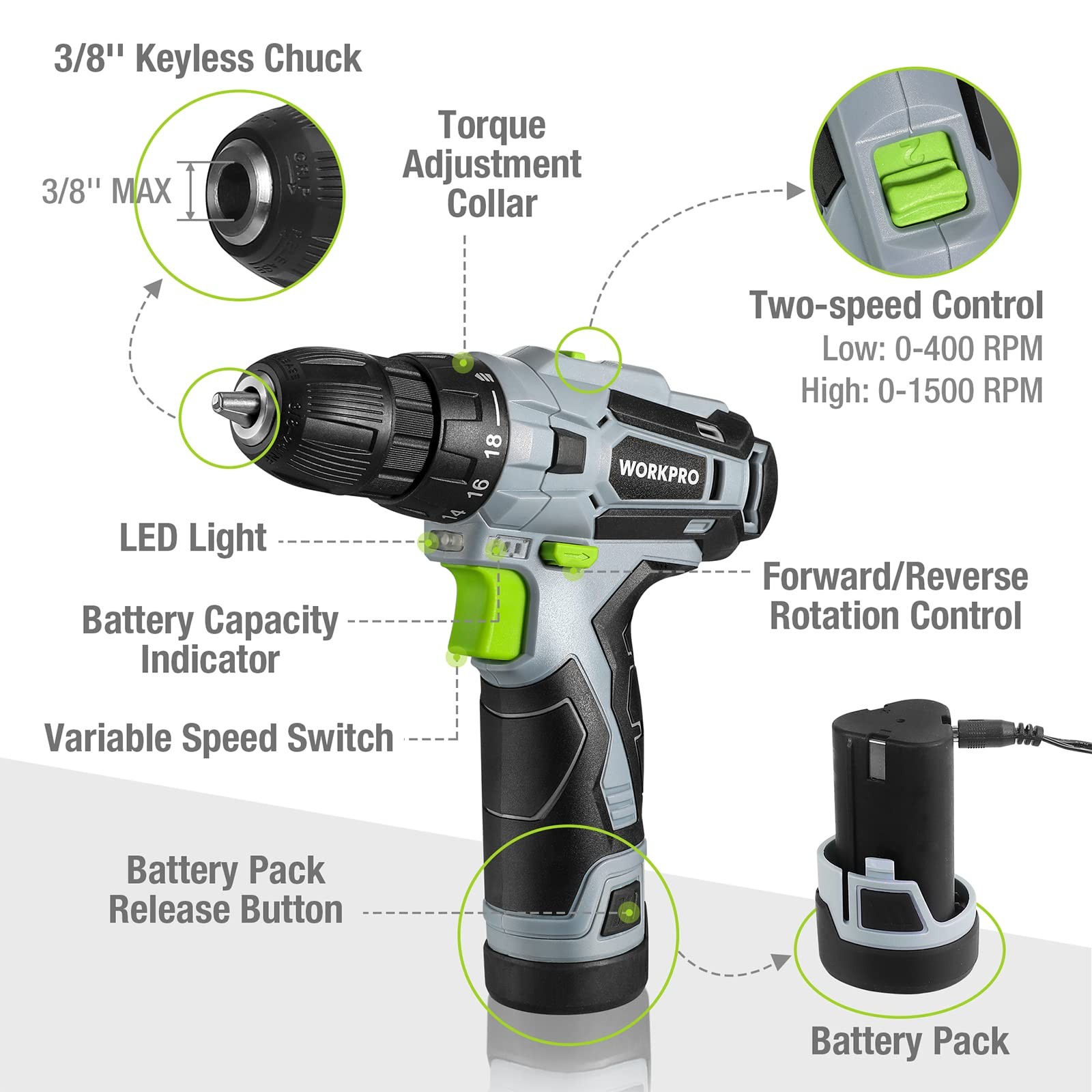 WORKPRO Cordless Drill Driver Kit, 12V Electric Screwdriver Tool Green