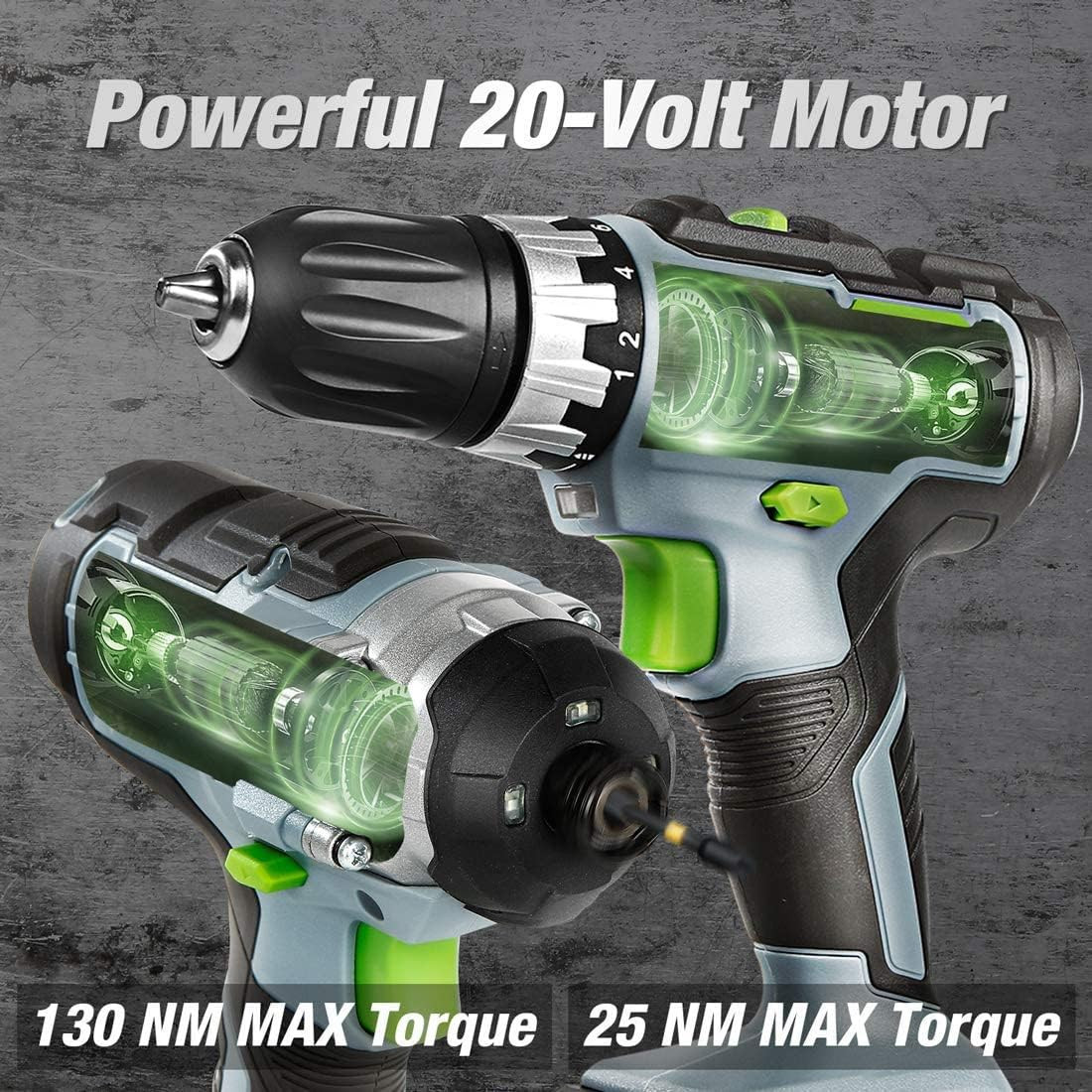 20V Cordless Drill Set with 2 Batteries & Fast Charger – Power Tools Combo