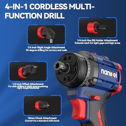 4-in-1 Multi-Head Cordless Drill Set, 440 In-lbs (50N·m) 4-in-1 Cordless Drill