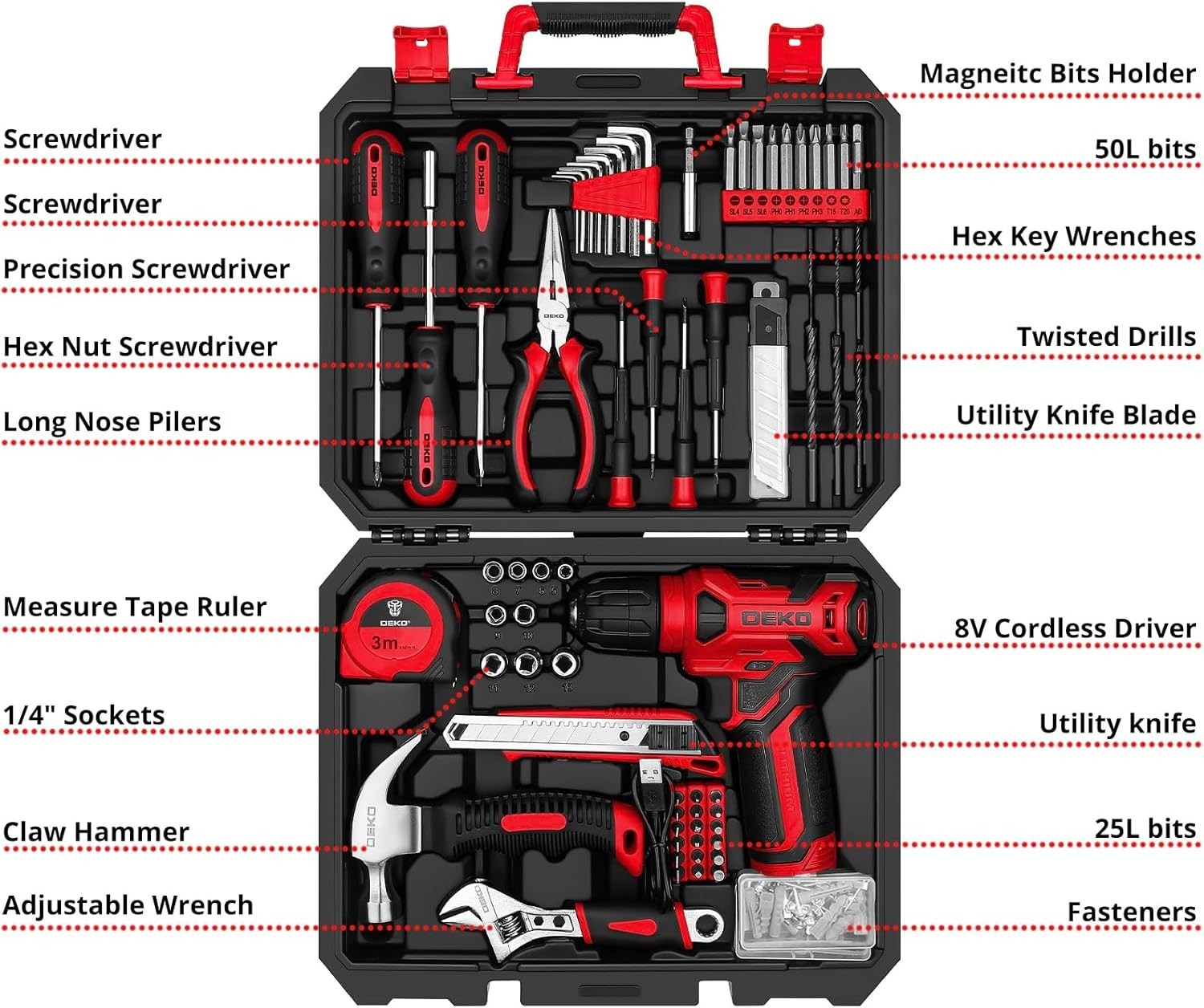 Drill Set: Tool Set with 8V Red Cordless Drill, Home Tool Kit with Drill, Han…