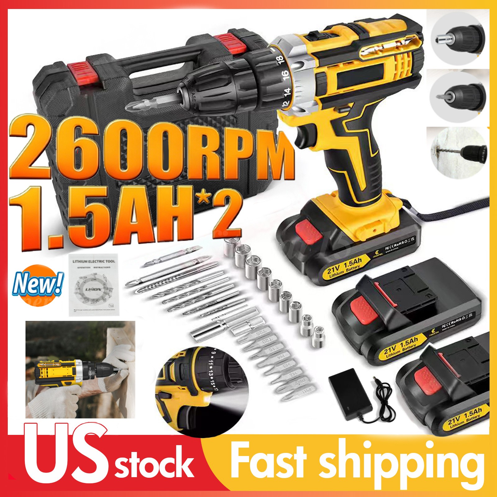 Cordless Brushless Impact Driver Hammer Drill Combo Kit w/2 Batteries & Charger