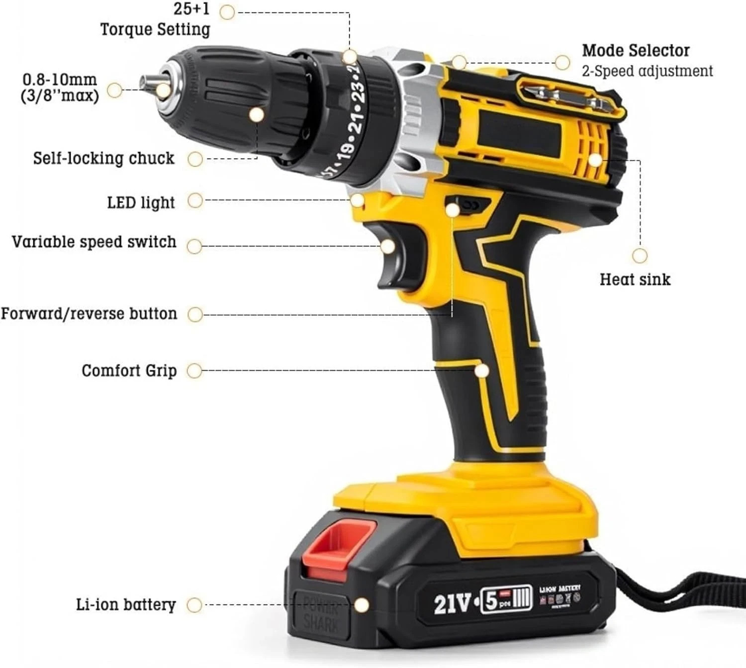 48V Cordless Drill Electric Screwdriver 3/8 Keyless Chuck Work Light
