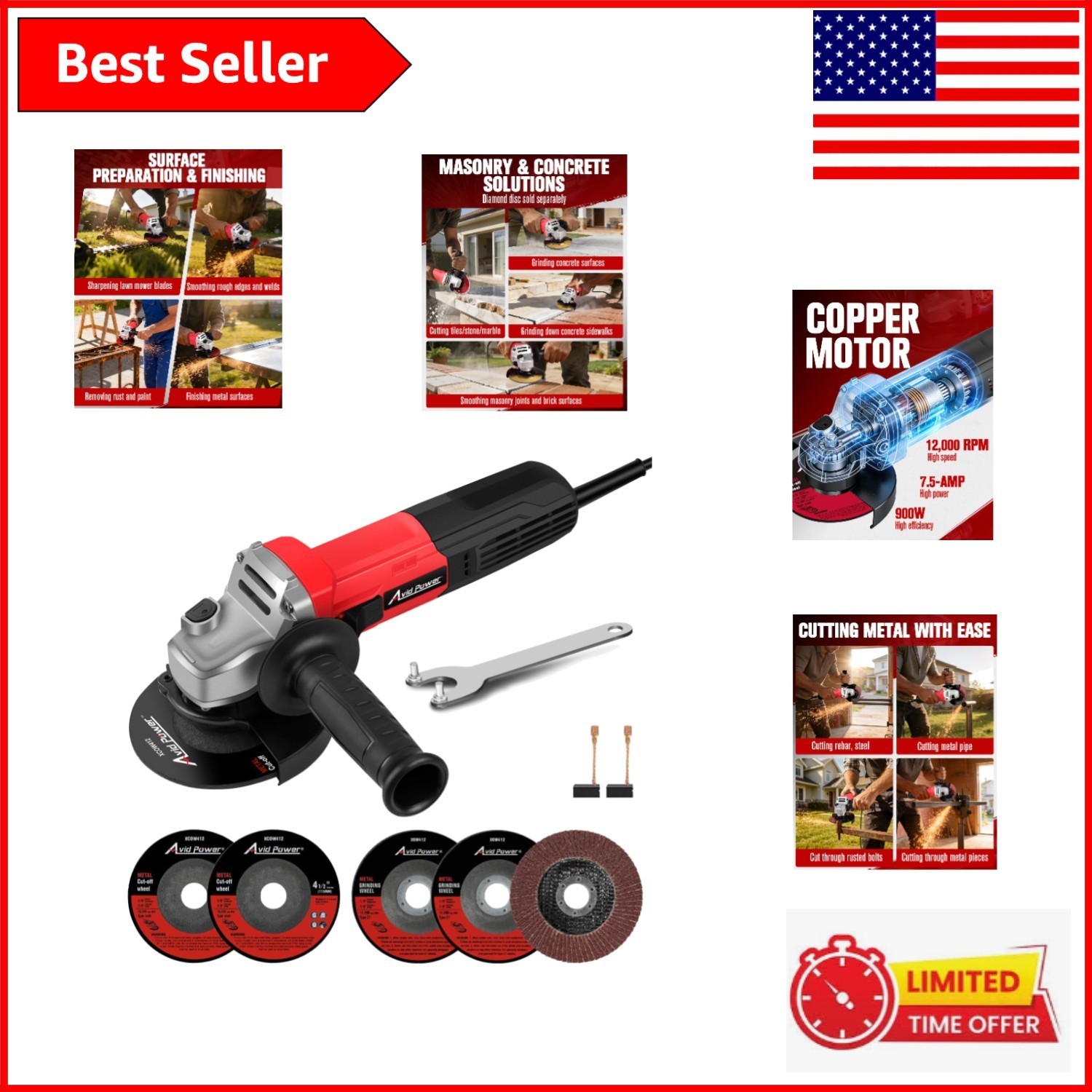 Electric 4-1/2 Inch Angle Grinder, 12000 RPM with Comfort Handle & Accessories