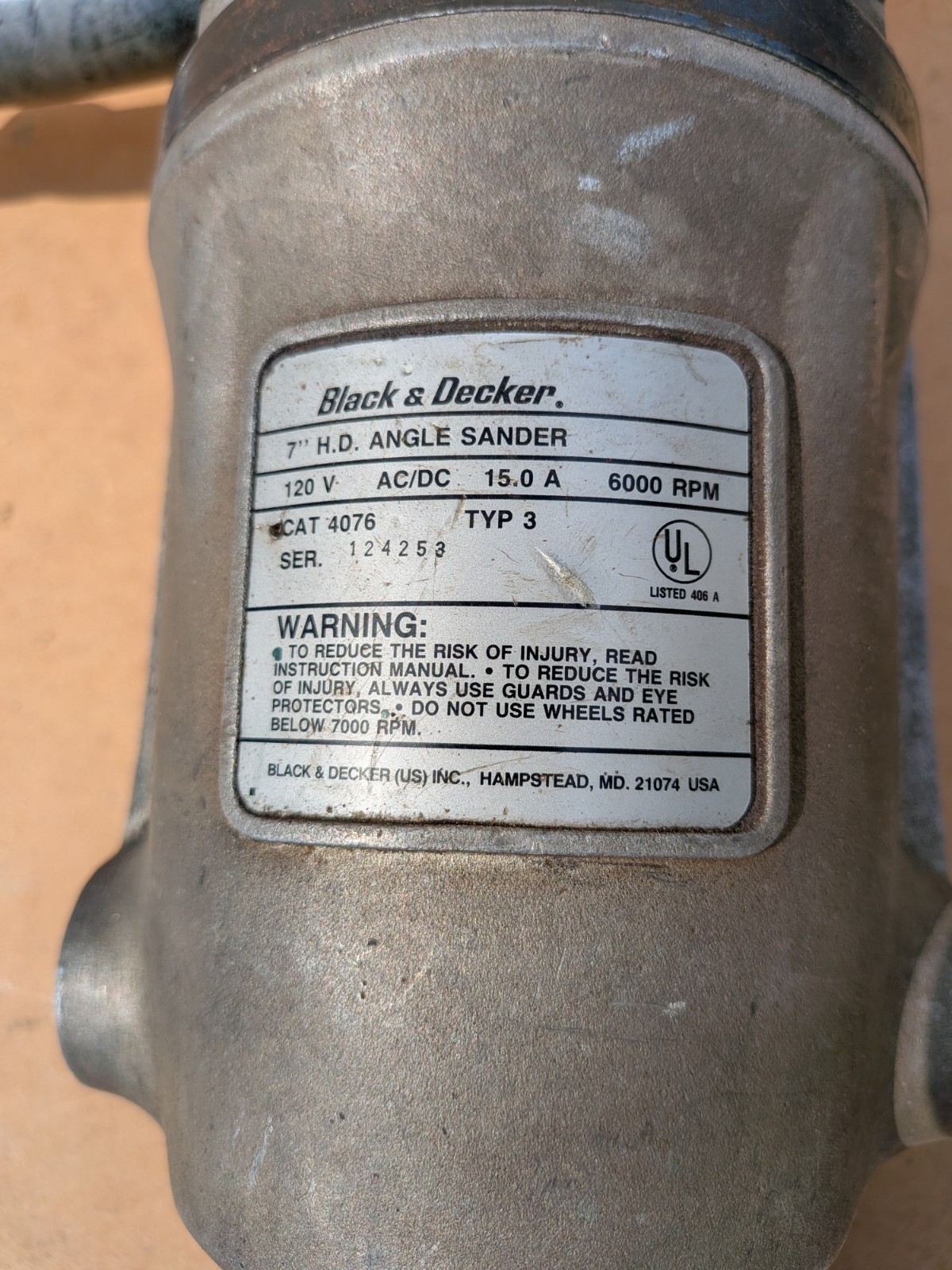 Black & Decker Mod 4076 Wildcat 7&Prime; Grinder/Sander 120V 6000 RPM 15 AMP Tested