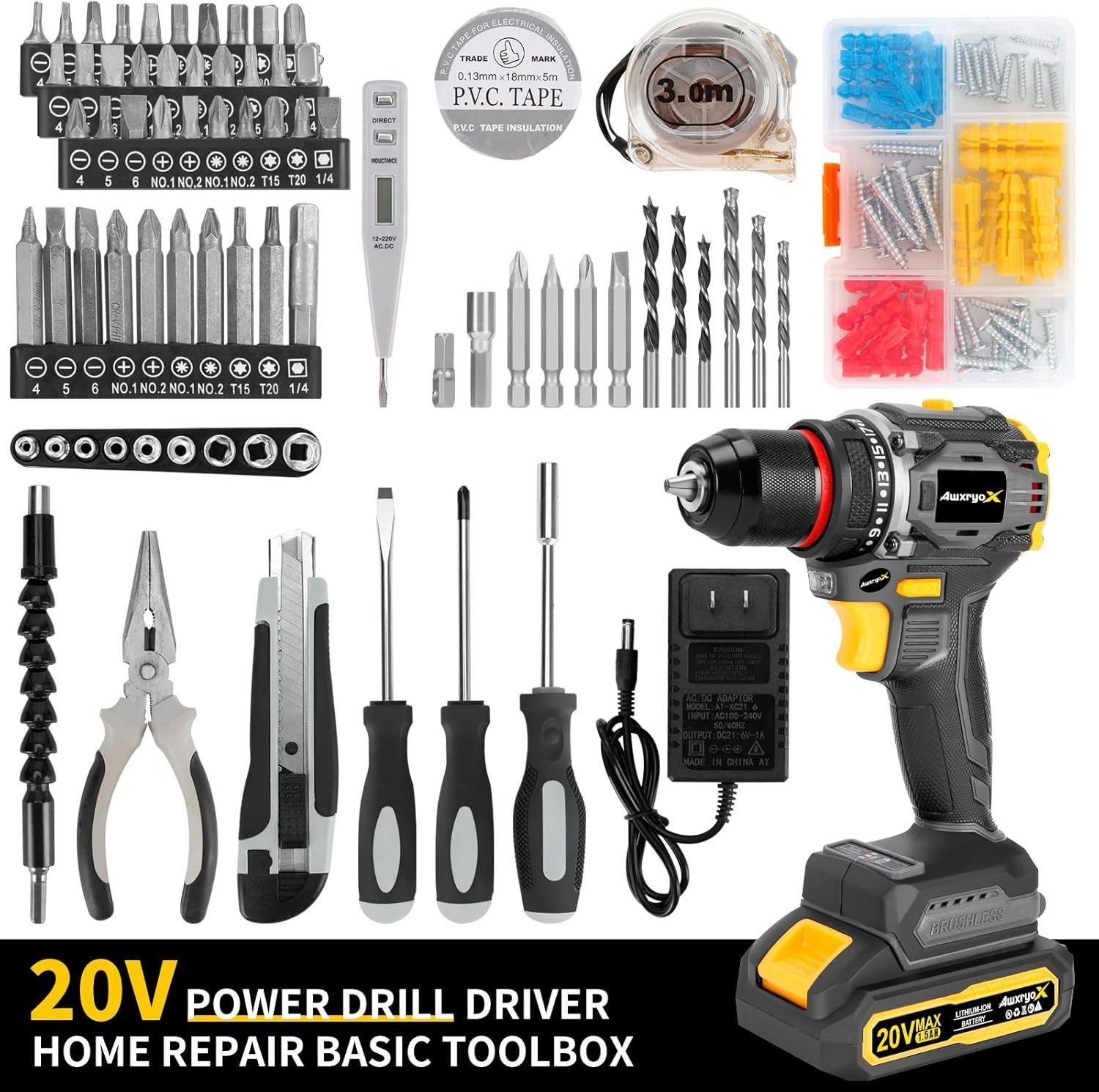 Compact Brushless Drill Set 60N.m Torque 135Pcs DIY Tool Kit with Accessories