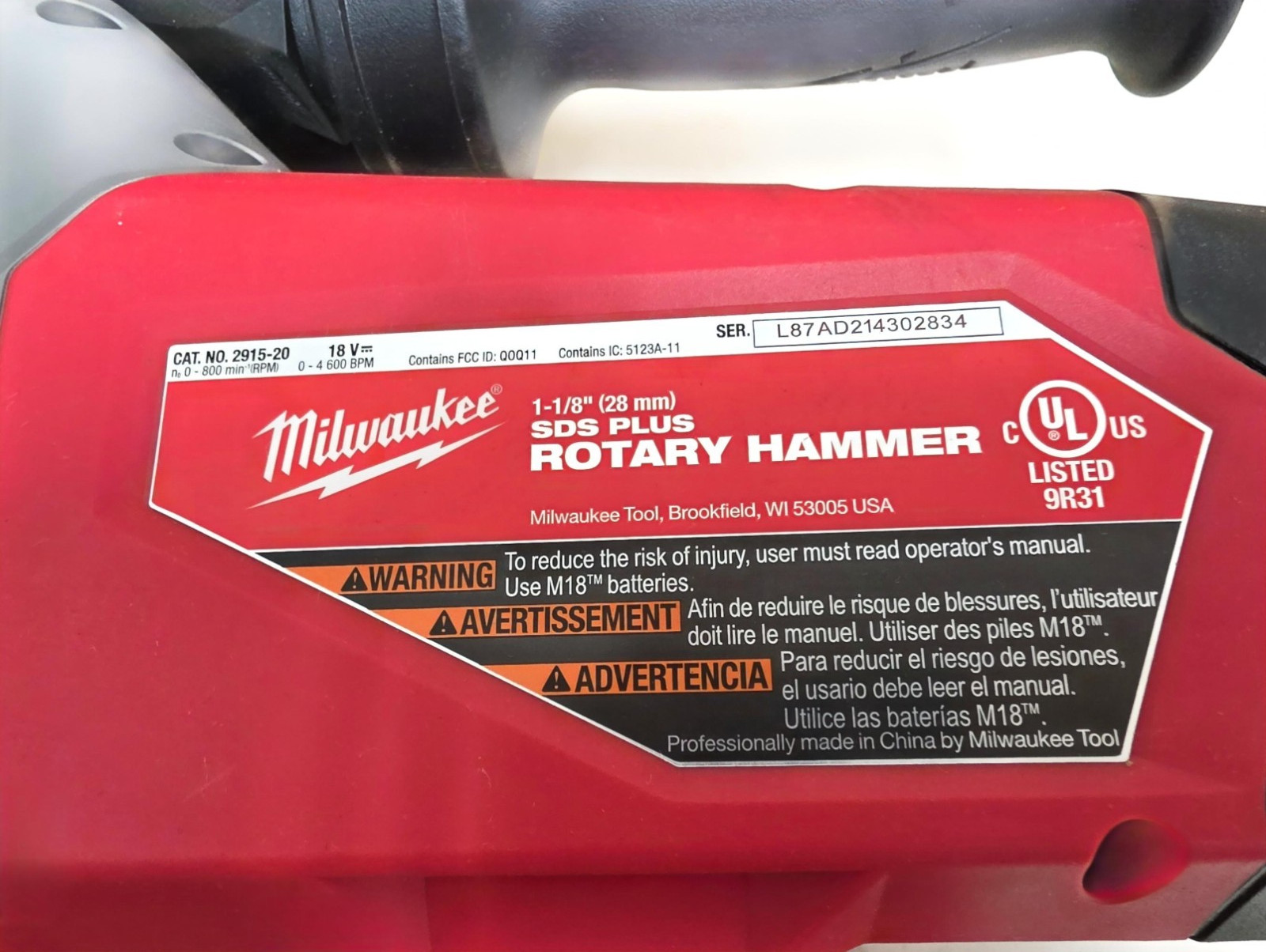 Milwaukee 2915-20 18V Li-Ion 1 1/8 » SDS Plus Rotary Hammer. NEW OPEN BOX