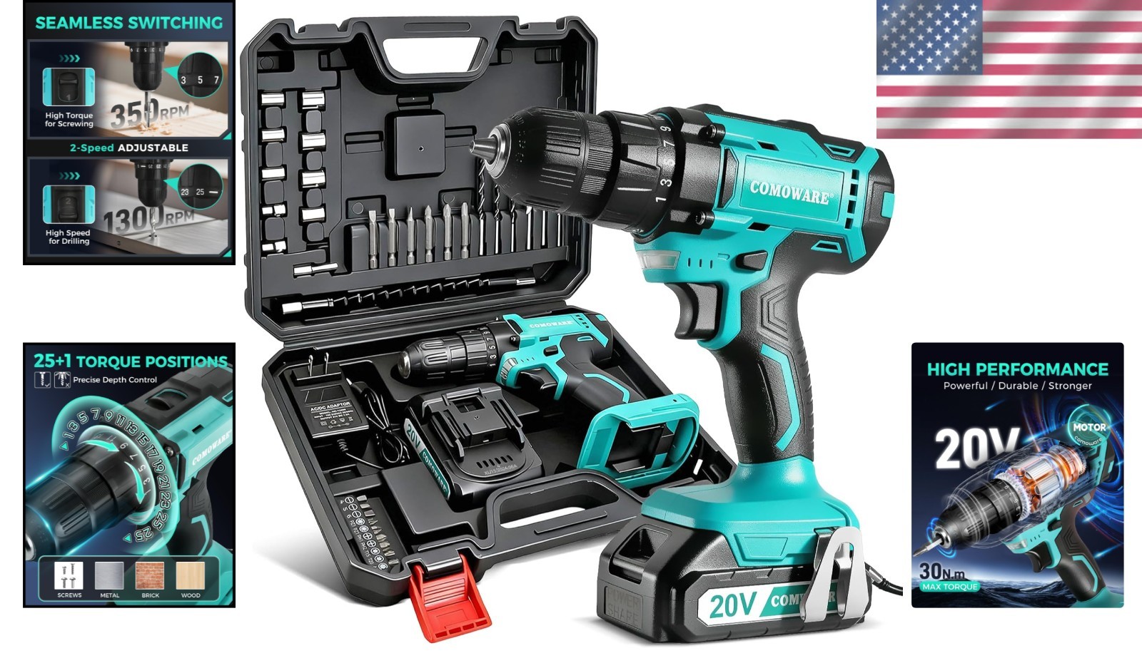 Compact 20V Cordless Drill with 25+1 Clutch & LED Light for Precision Work
