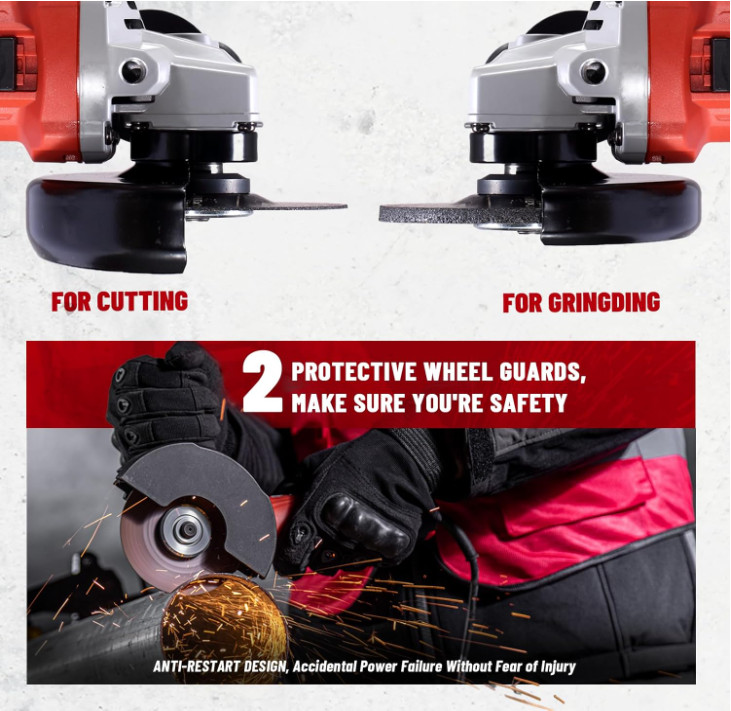 7.5A 4-1/2 Inch 12000RPM Angle Grinder 2 Guards, 3 Cutting Wheels for Metal Wood