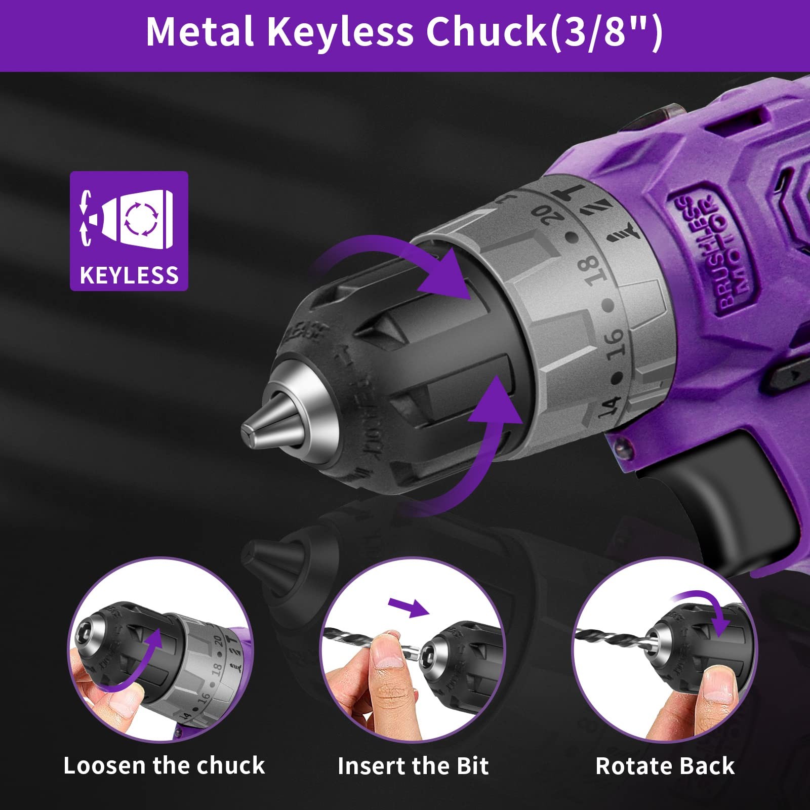 Brushless Cordless Drill Set 20v Compact Power Drill Driver Purple Brushless Ele