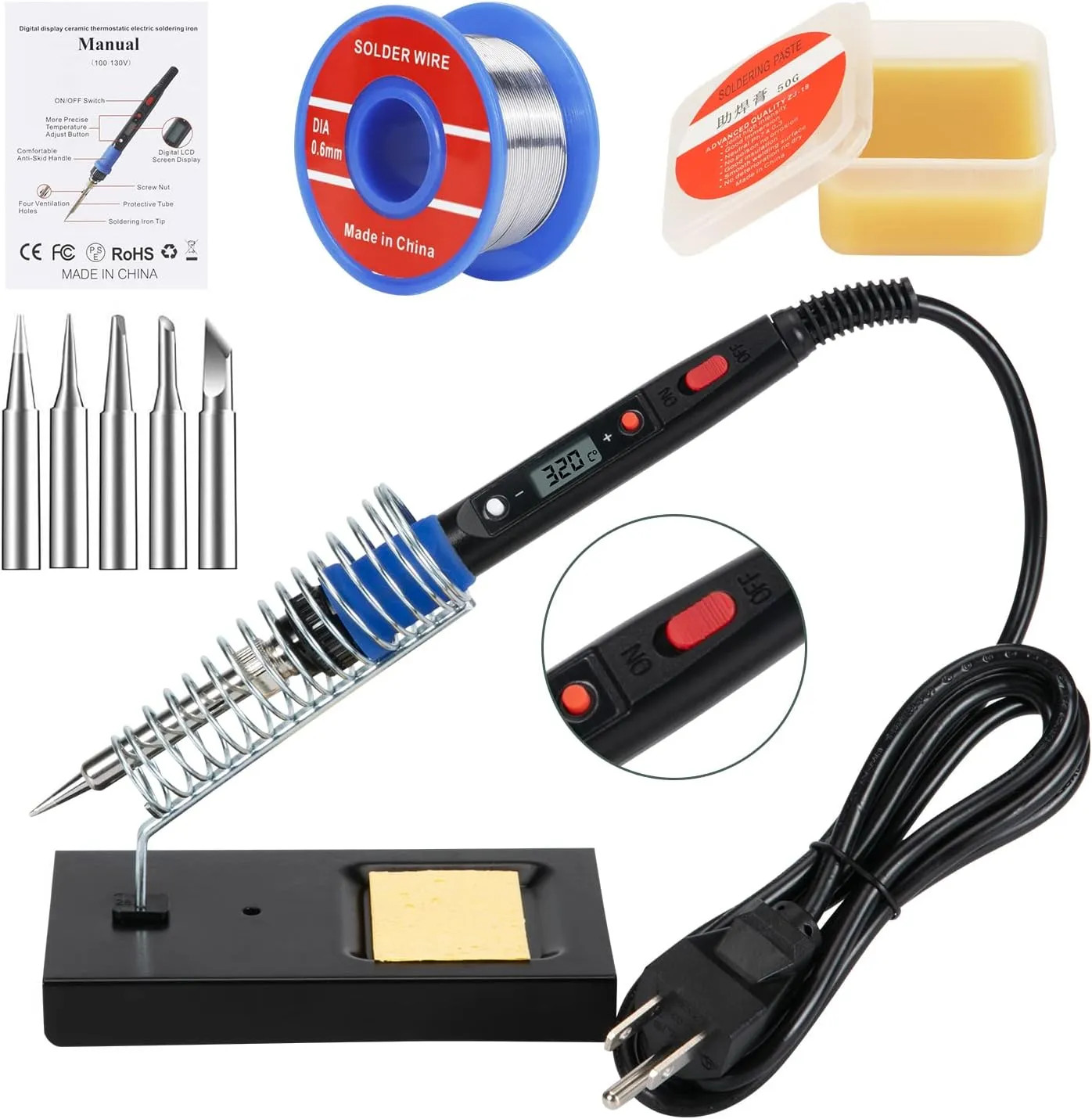 80W LCD Digital Soldering Iron Kit with 5 Tips Stand Solder Wire and Accessories
