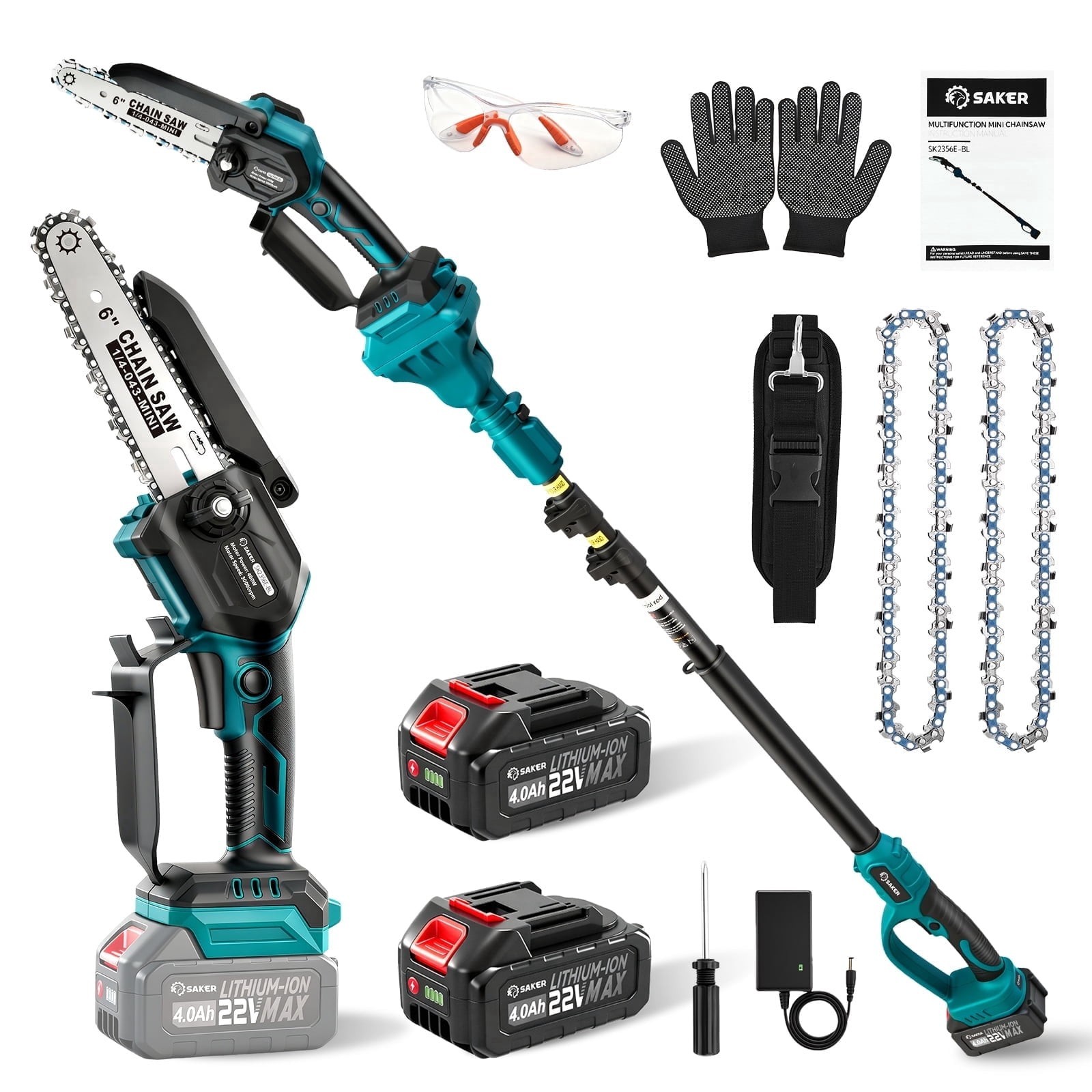 Saker 6&Prime; 2in1 Cordless Pole Saw Mini Chainsaw 22V 2x4Ah Battery Tree Trimmer