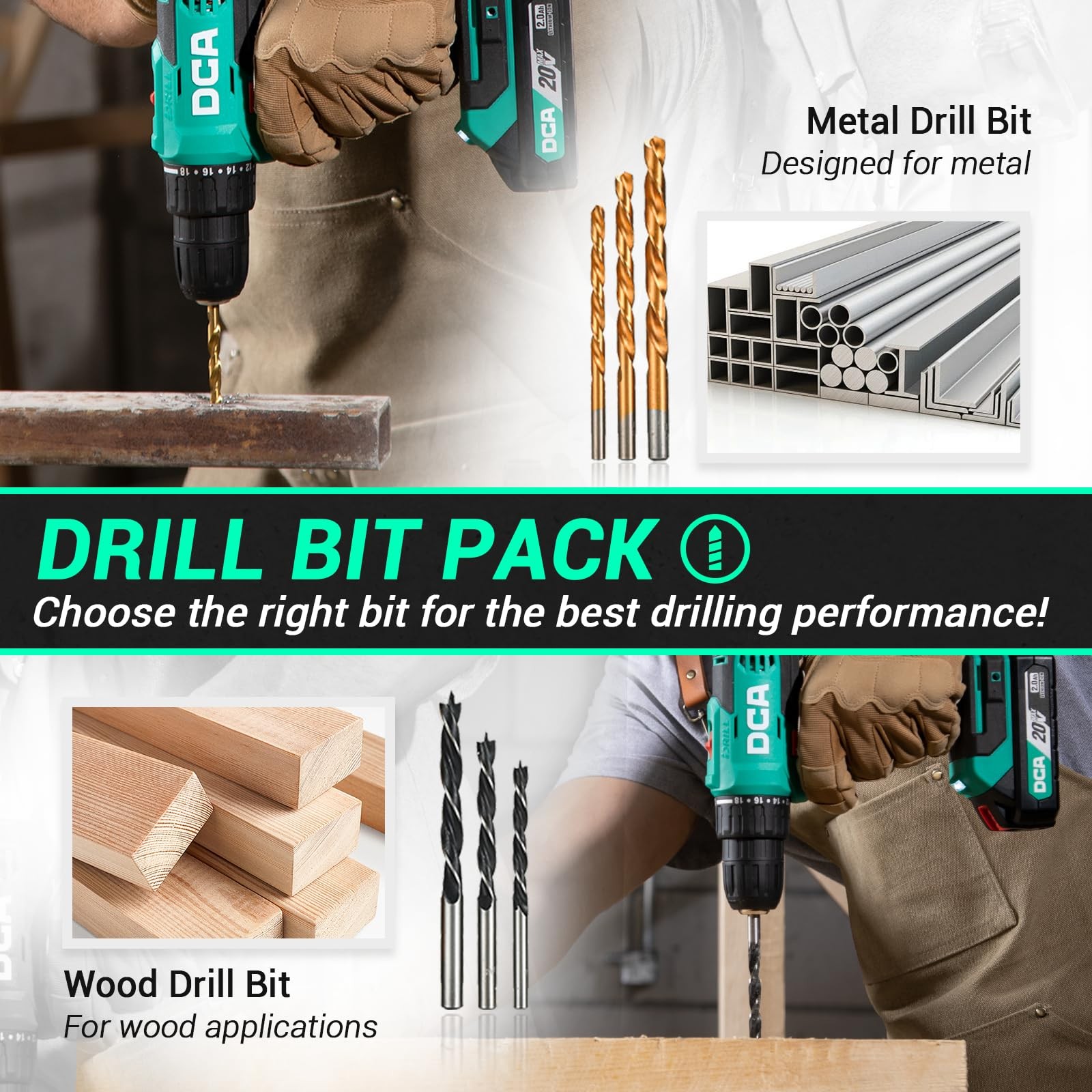 DCA Cordless Drill Set, 354 in-lbs Torque, 3/8&Prime; Keyless Chuck, Electric Power
