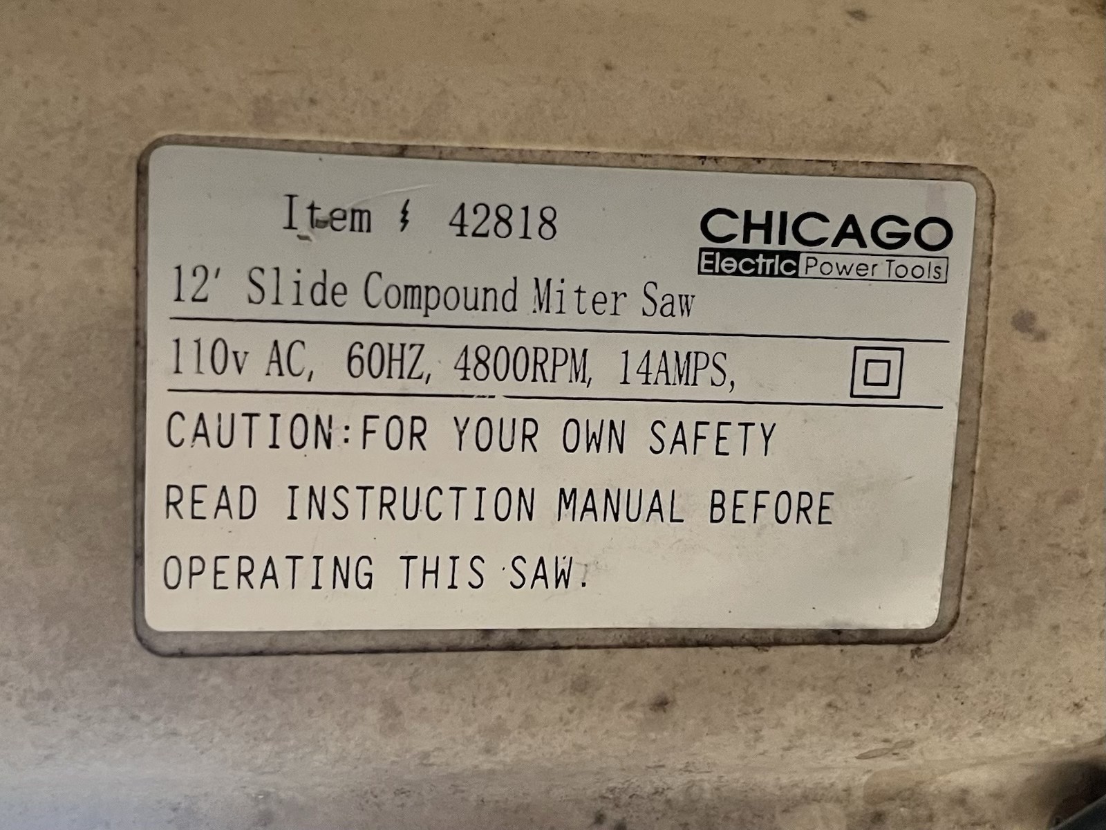 Zero Clearance Throat Plate Insert Chicago Electric 12&Prime; Slide Miter Saw 42818