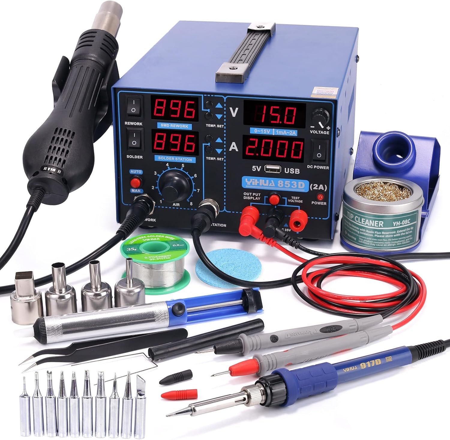 YIHUA 853D 2A USB SMD Hot Air Rework Soldering Iron Station, DC