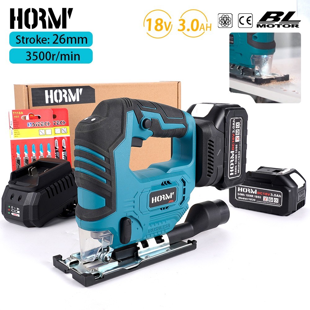 18V Cordless Jig Saw 3-Speed Variable Brushless Power Saw + 2 Batteries for Wood