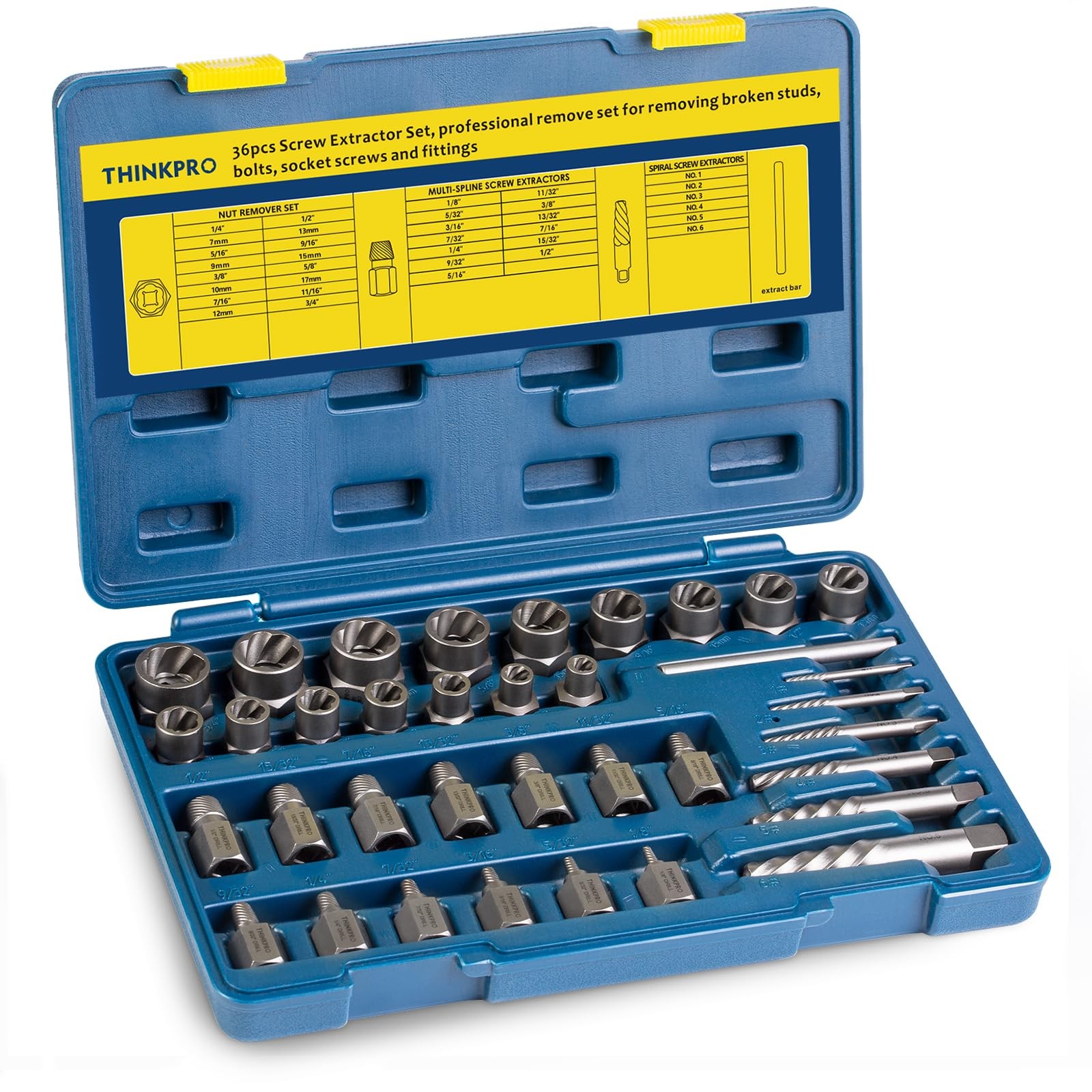 THINKPRO 36Pcs Screw & Bolt Extractor Set, 2-in-1 Multi-Spline Lug 36-piece