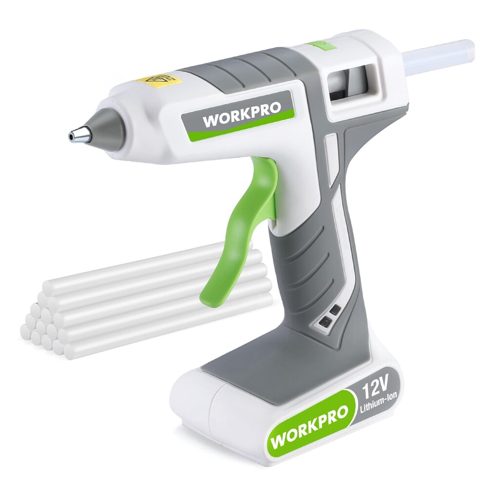WORKPRO 12V Rechargeable Cordless Hot Melt Glue Gun w/15pcs Full-size Glue Stick