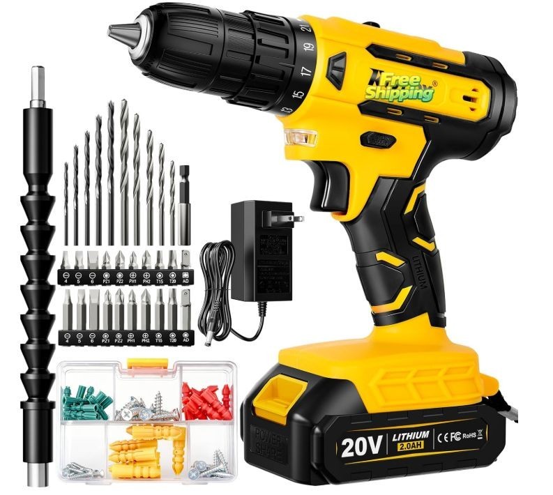Taladro inalámbrico 20V con batería 2.0Ah, LED y 2 velocidades amarillo