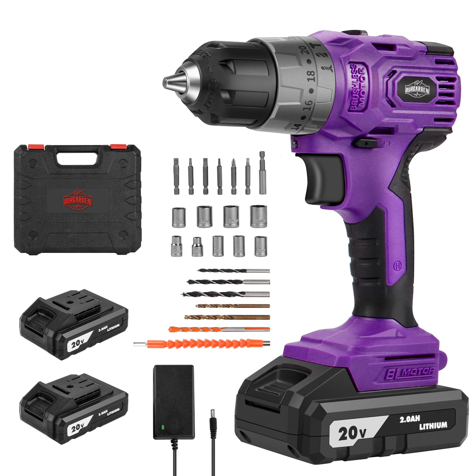 Brushless Cordless Drill Set 20v Compact Power Drill Driver Purple Brushless Ele