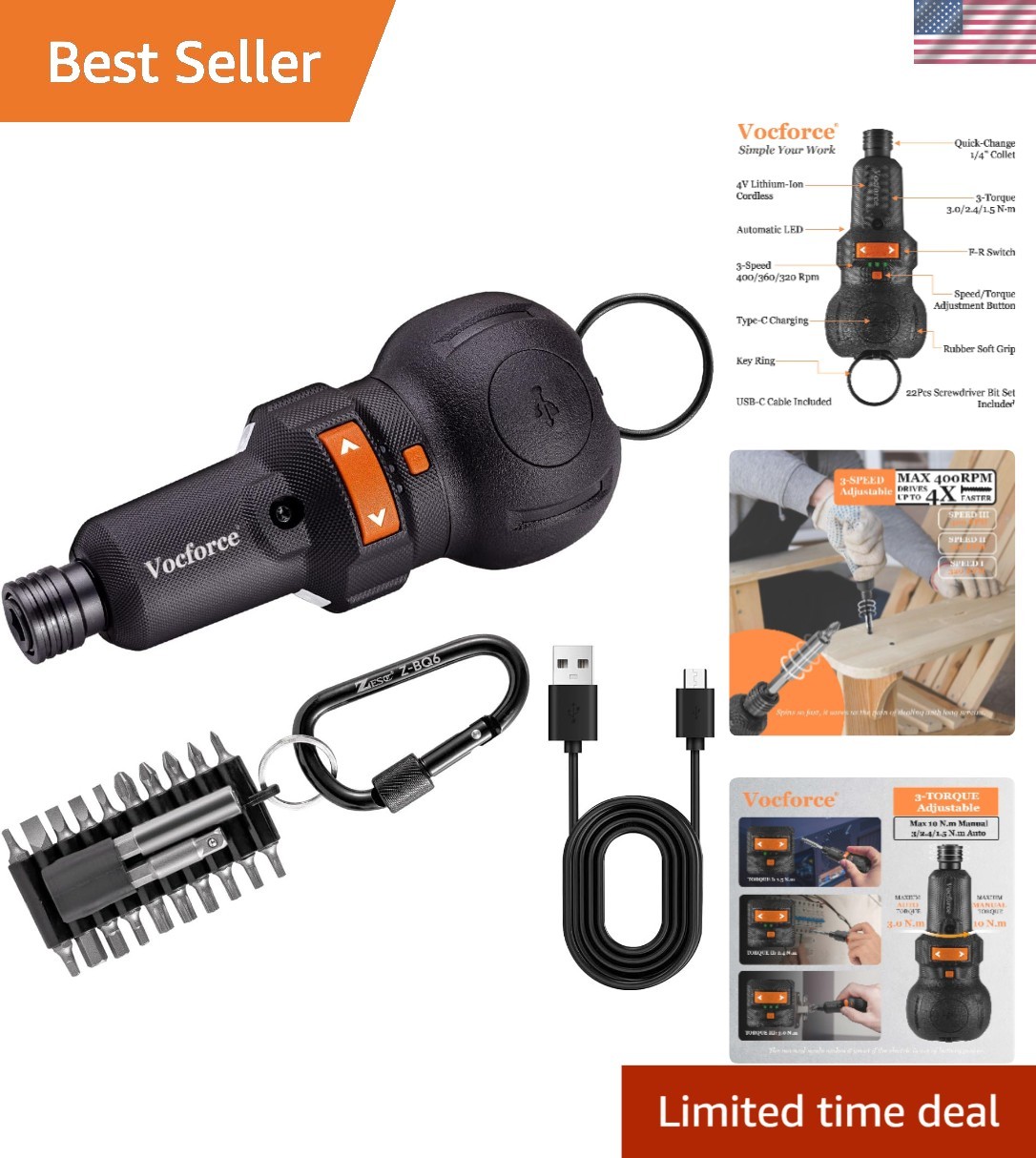 Compact & Lightweight 4V Electric Screwdriver – 3-Speed, USB-C Charge & Dual LED