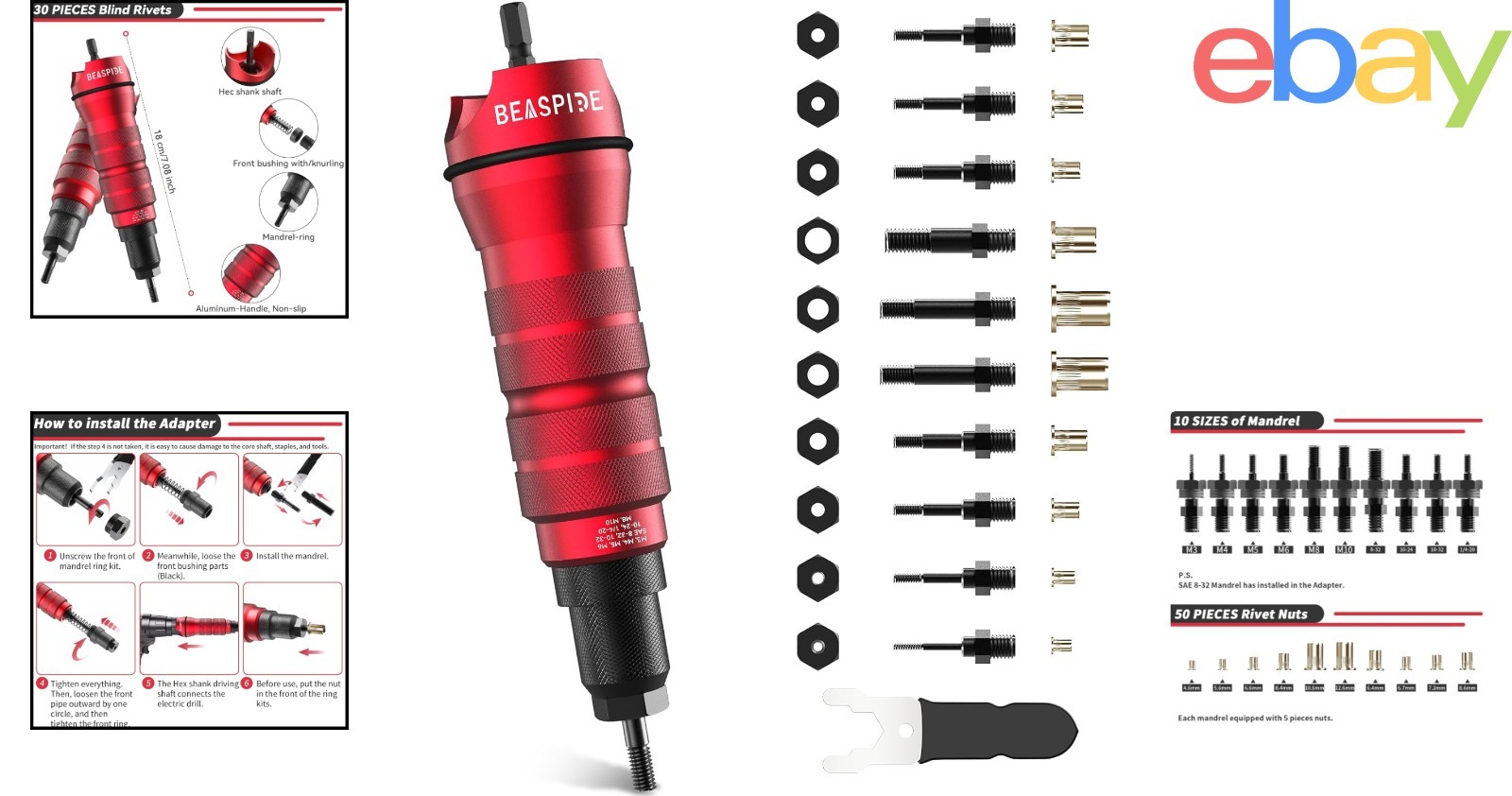 Rivet Nut Drill Adapter Kit for Electric Drills with 50 Assorted Rivet Nuts