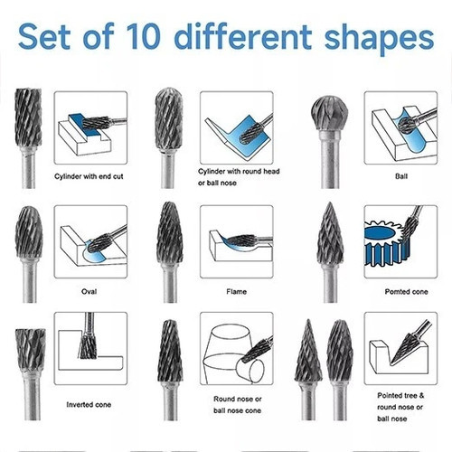 10PCS Rotary Burrs Tungsten Carbide Metal Steel Burr Drill Bits for Dremel Tool