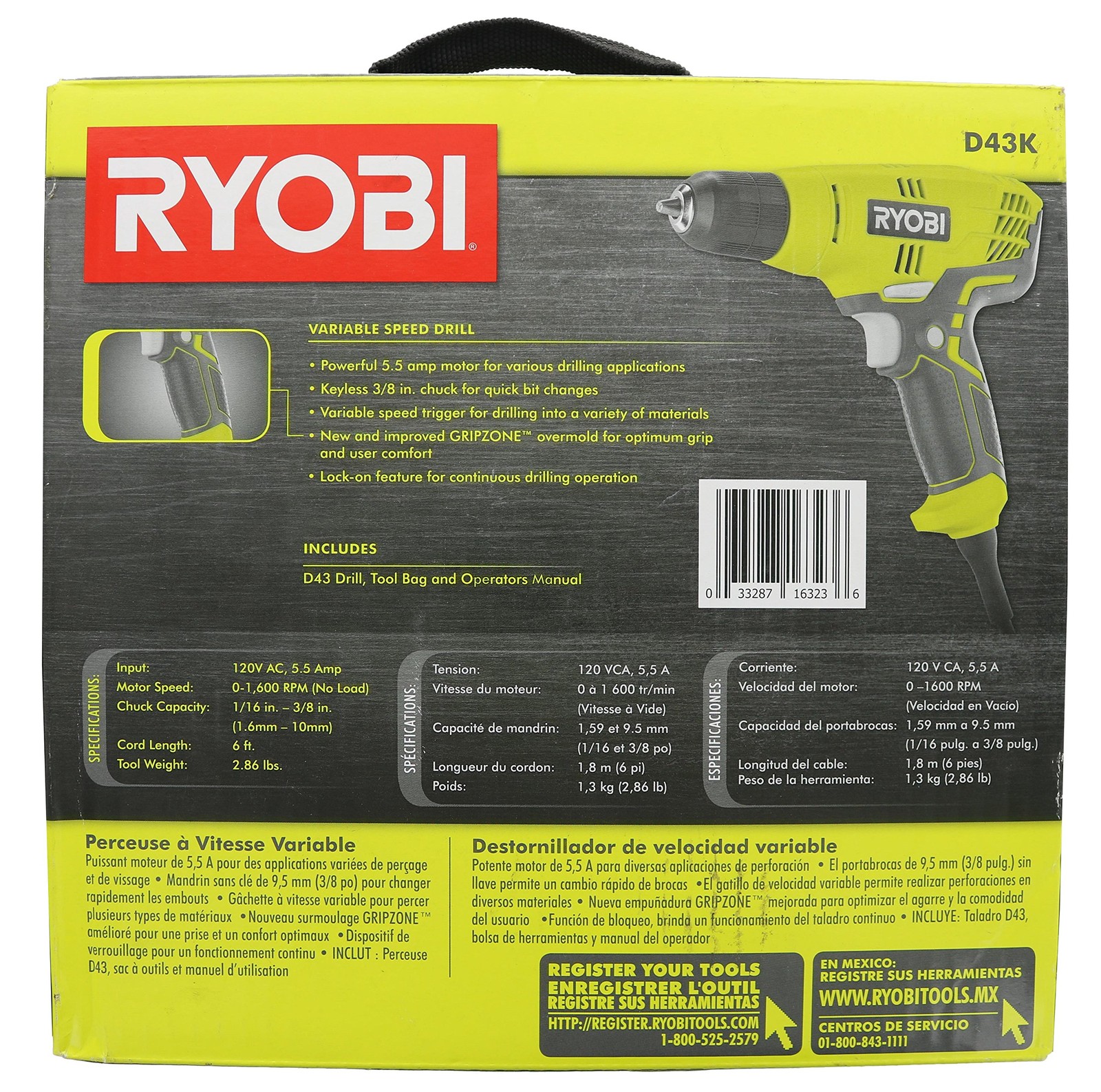 Ryobi 5.5-Amp 3/8 in. Variable Speed Corded Electric Drill – D43K