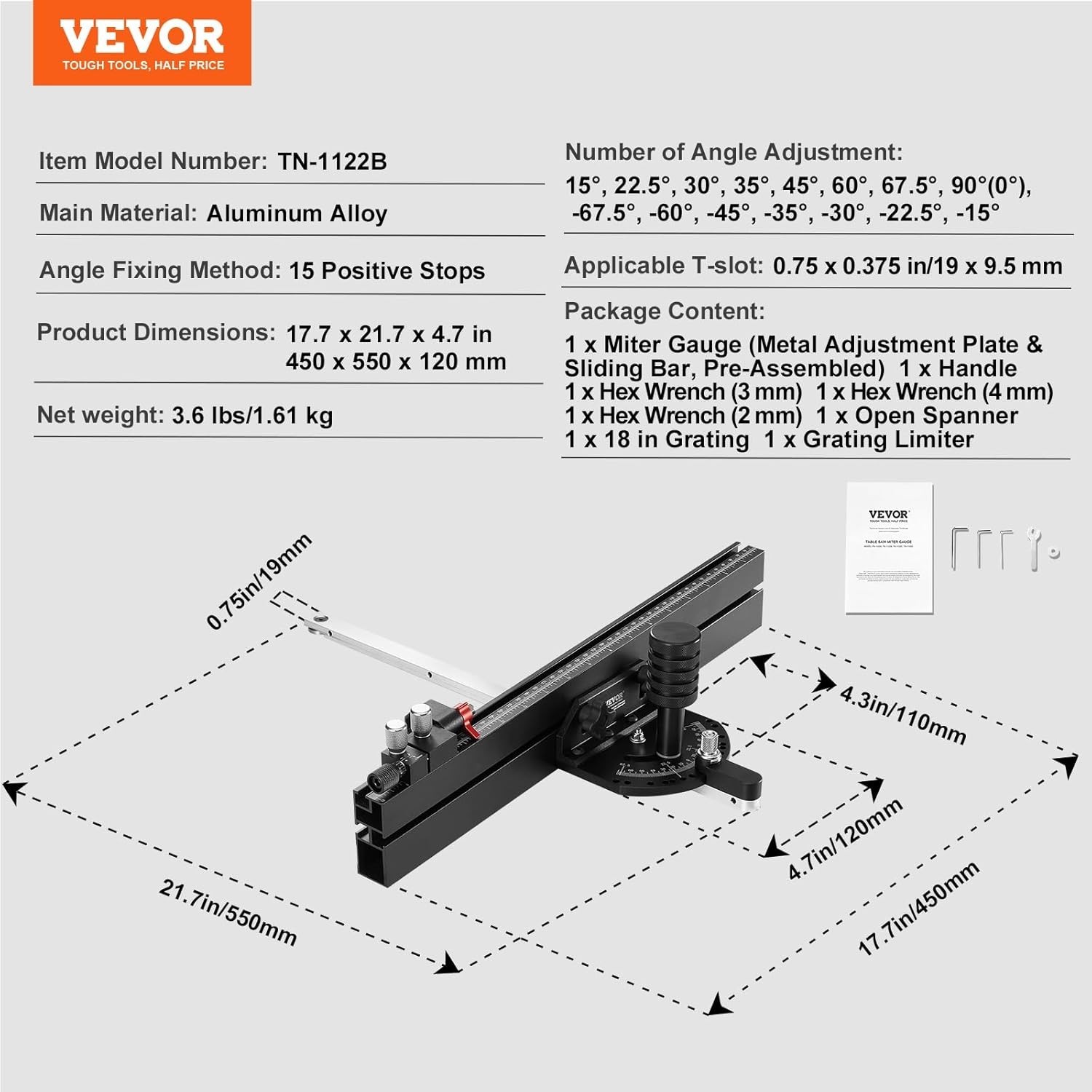 Precision Miter Gauge 3/4 » x 3/8 » Slot – 15 Angle Stops for Woodworking