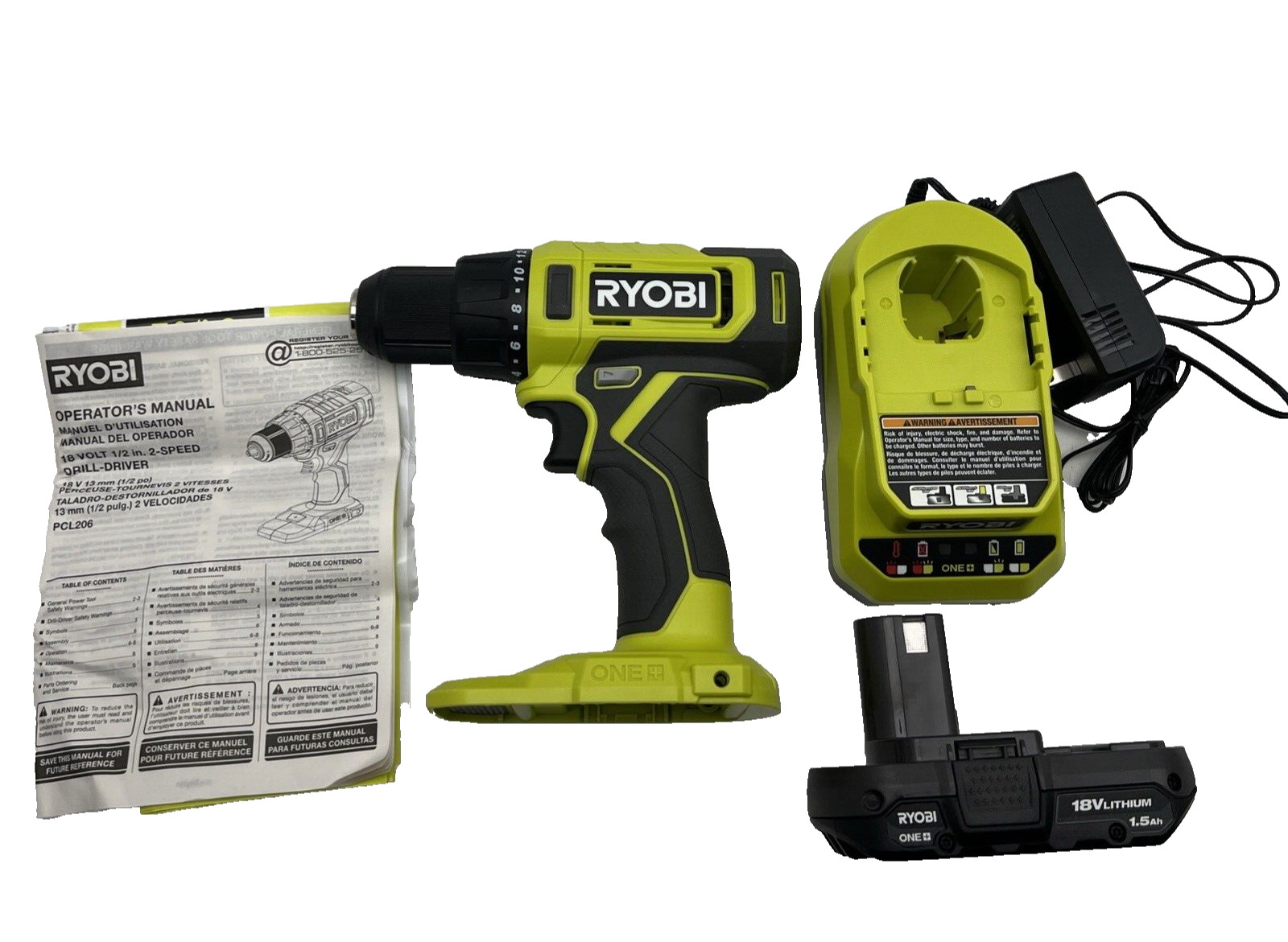 Ryobi ONE+ 18V 1/2 in Drill Driver Kit W/ 1.5 Ah Battery & Charger PCL206K1 (OB)