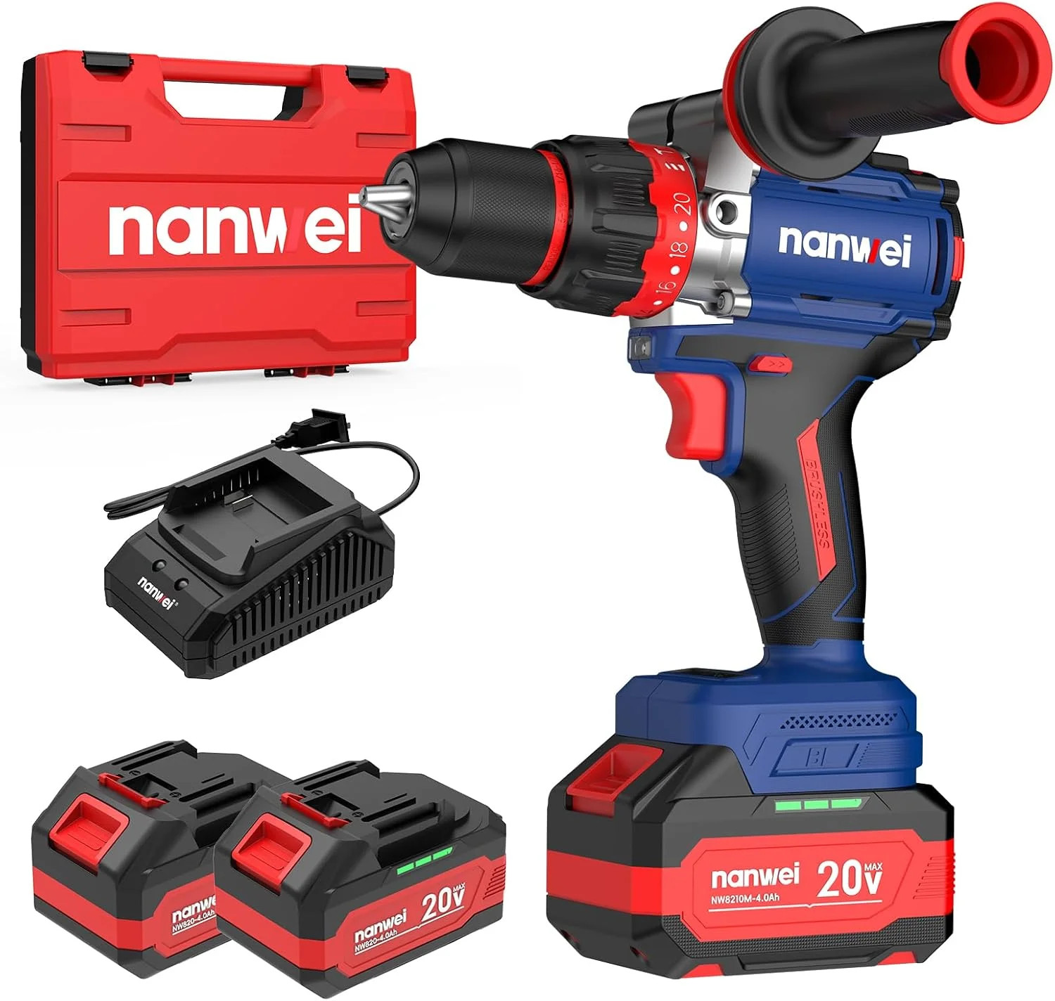 NANWEI Hammer Drill,1100 in-lbs, 26000BPM, 2×4.0Ah Batteries, Brushless | Drills