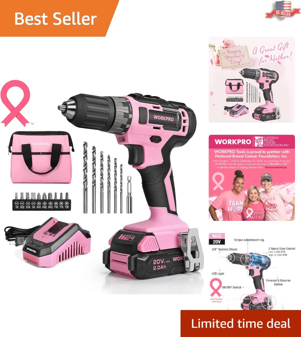 High-Quality Pink Cordless Drill with 18+1 Torque Settings and LED Light