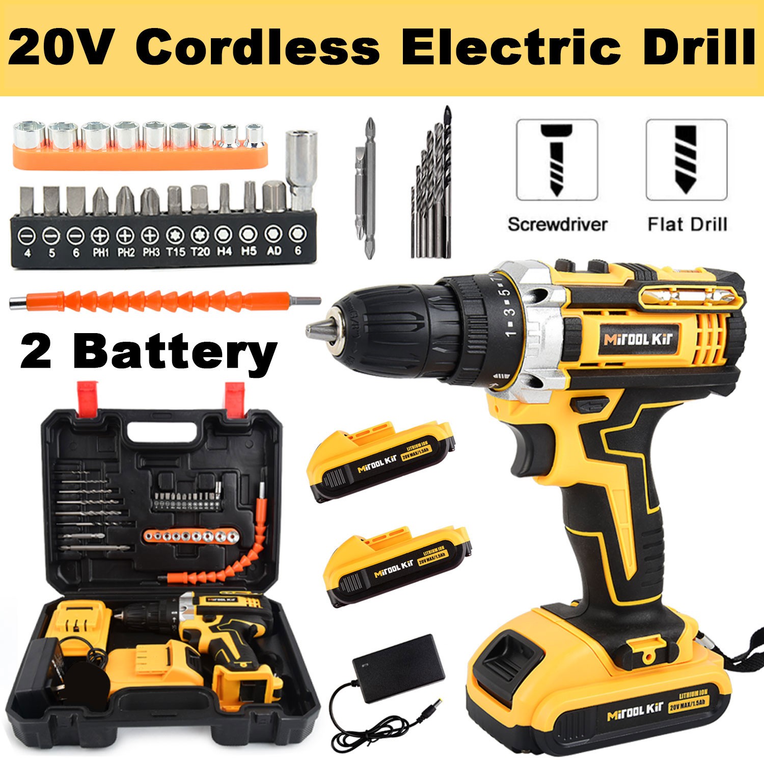 Cordless Drill Driver Kit, 20V MAX ELECTRIC SCREWDRIVER Compact Drill 3 in 1 Set