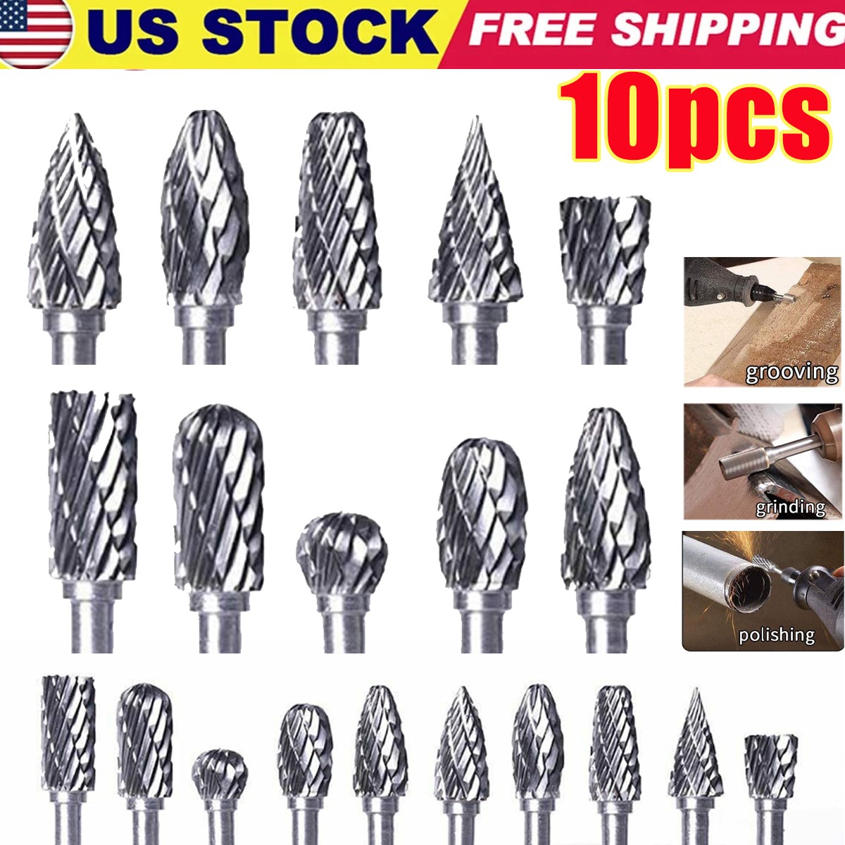 10PCS Carbide Rotary Burr Bits 1/8&Prime; Shank Cut for Dremel Metal Carving Grinding