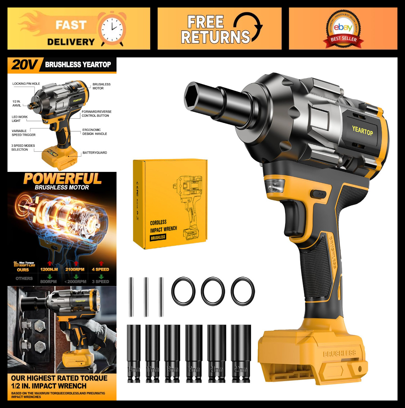 High Torque Cordless Impact Wrench 1/2 inch, 900FT-LBS, Brushless, 6 Sockets, Gi