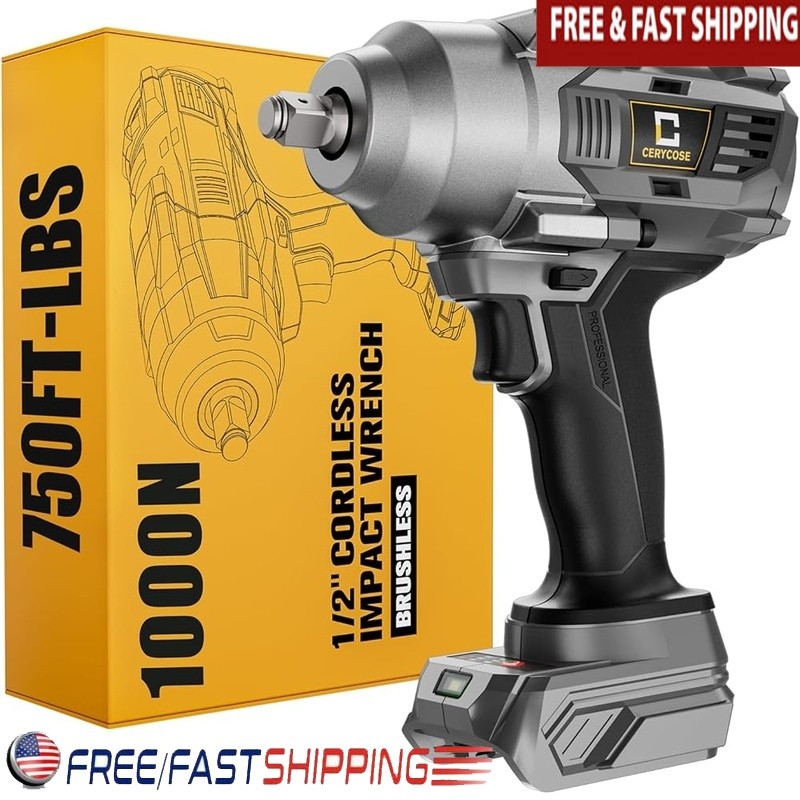 Cordless 1/2 Inch Impact Wrench 750FT-LBS Brushless Motor LED Light 2300RPM New