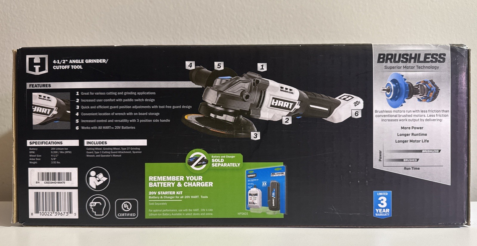 NEW HART 20-Volt Brushless 4-1/2-Inch Angle Grinder/Cutoff Tool ONLY (HPAG25)
