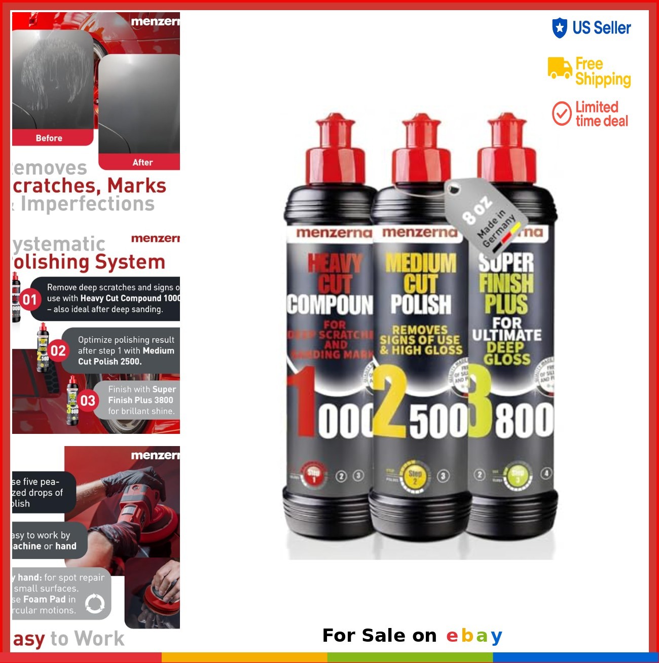 3 Step Polishing Set Heavy Cut Compound Medium Cut Super Finish 8oz Each