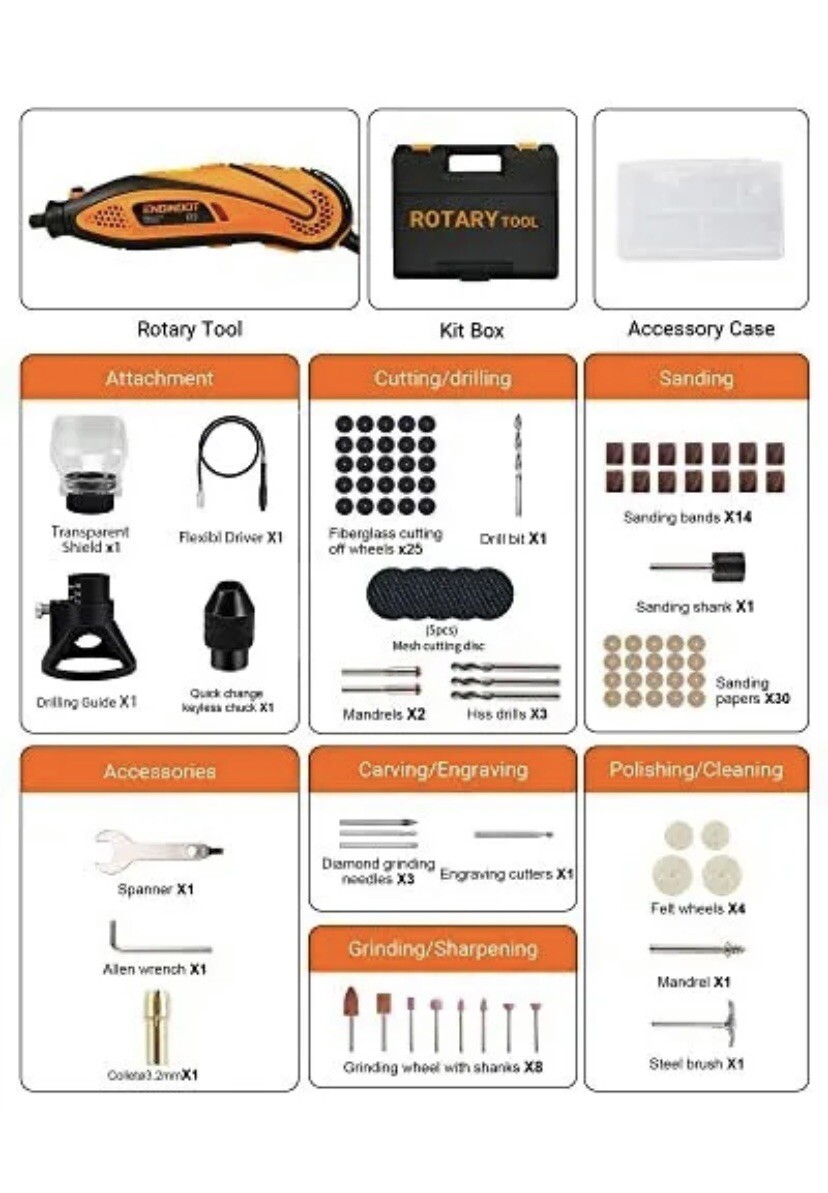 Rotary Tool Kit with Keyless Chuck, 6 Variable Speed, 10000 – 32000 RPM,