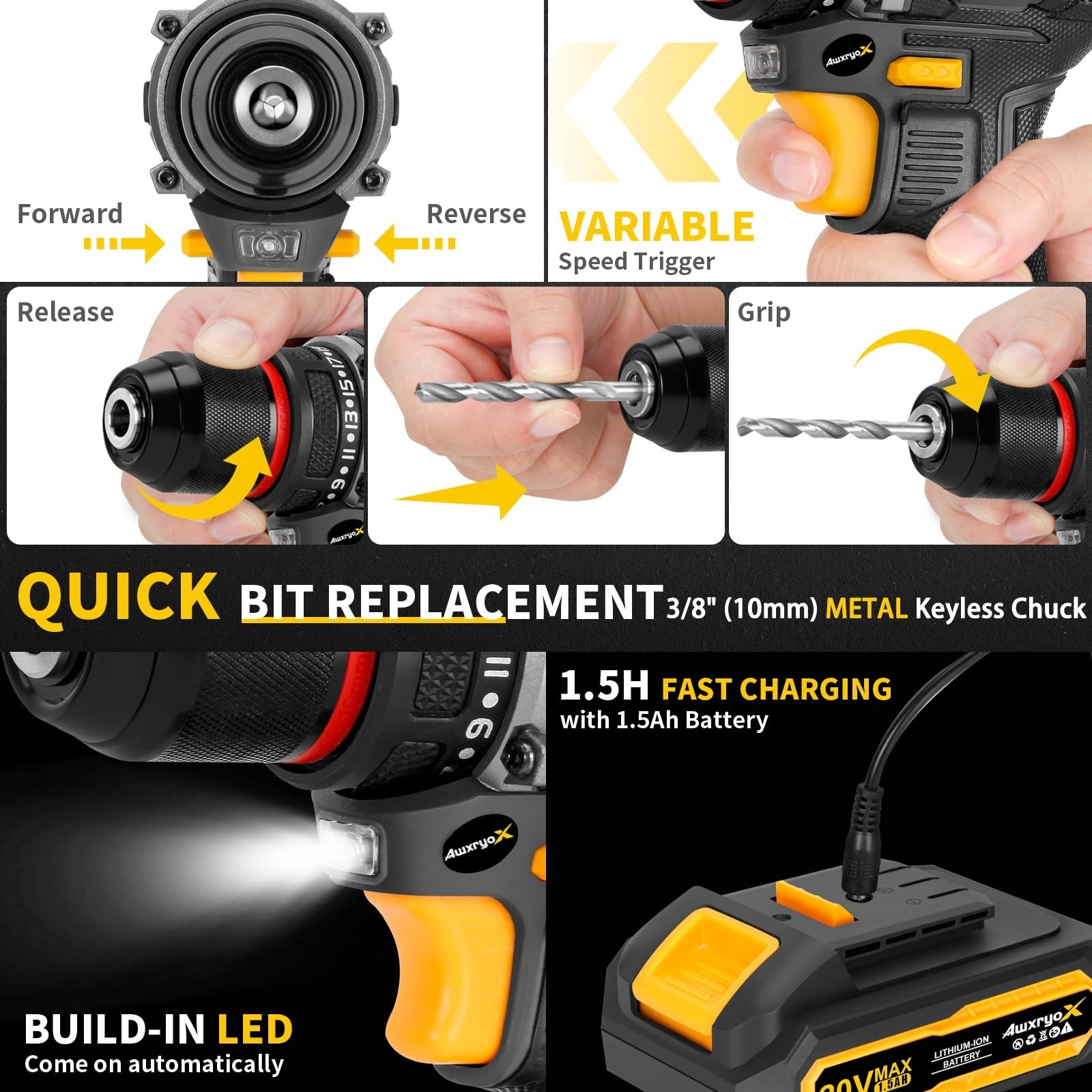 20V Cordless Brushless Drill Set, 60N.m Torque, 135Pcs DIY Tool Kit, 2 Batteries