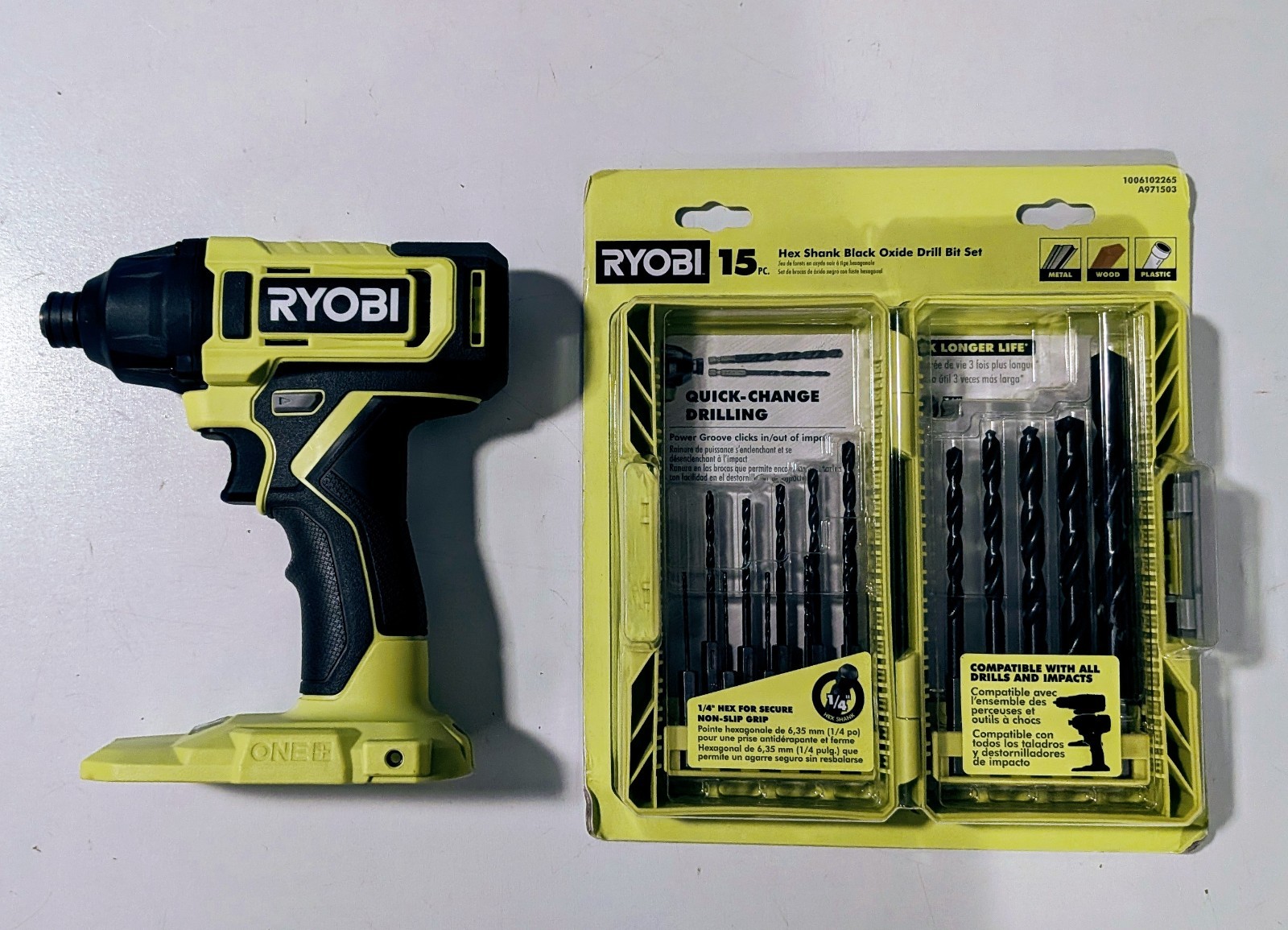 Ryobi 18V 1/4&Prime; Impact Driver PCL235B w/15 PC Hex Shank Black Oxide Drill Bit Set