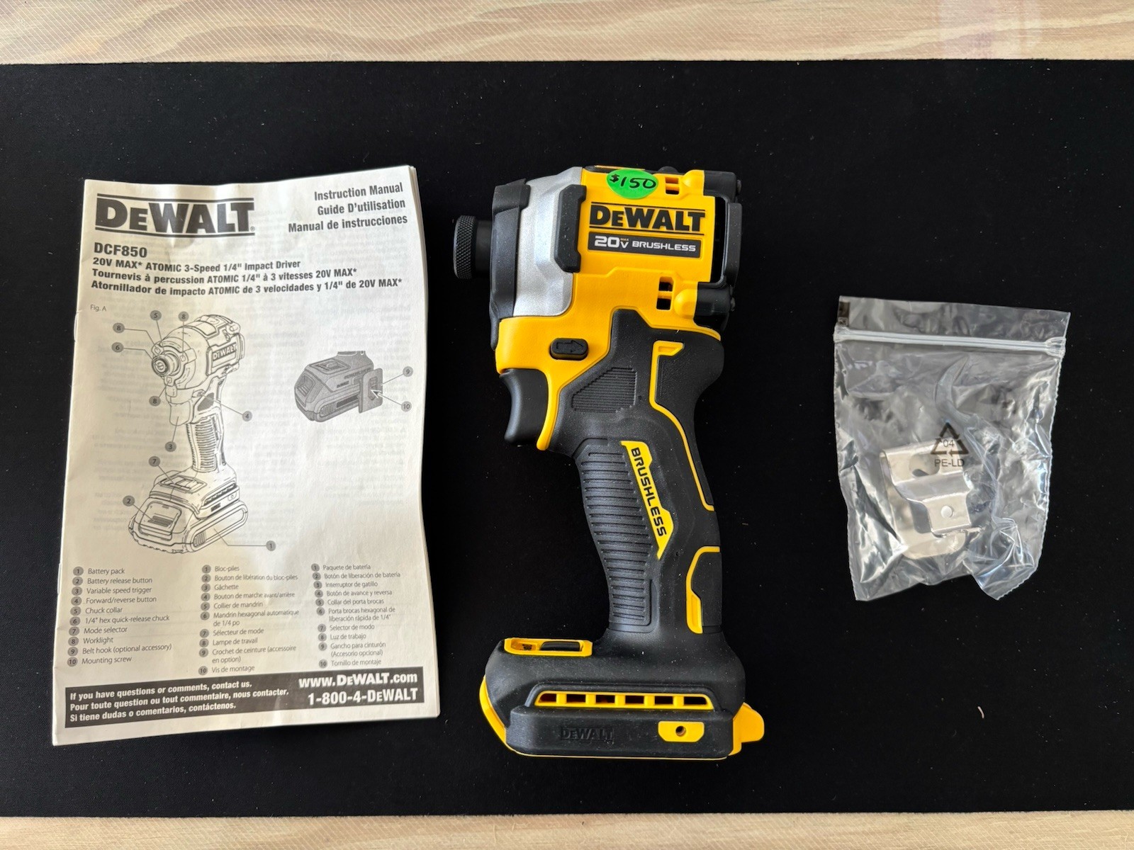 DEWALT DCF850 20V Atomic Brushless Impact Driver Compact Set w/ Manual & Clip