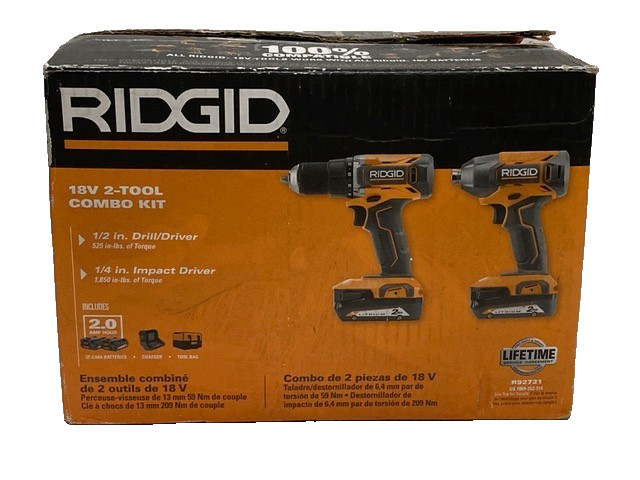 Ridgid R92721, 1/2 Inch Drill/Driver, 1/4 Inch Impact Driver, Batteries, Charger