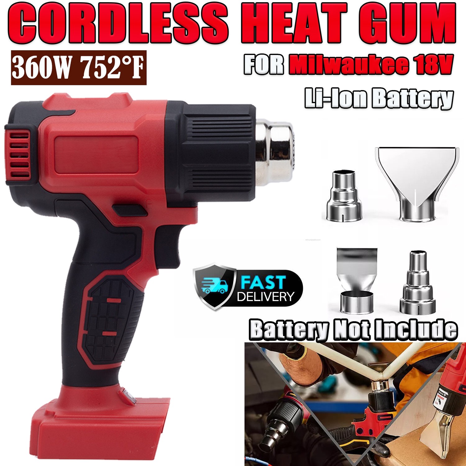NEW Heat Gun For Milwaukee 18V Li-Ion Battery 360W Hot Air Gun Kit 4× Nozzles