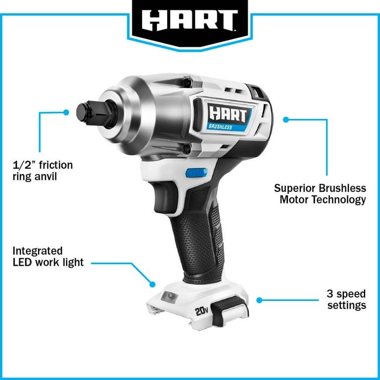 HART HPIW25 20-Volt 1/2&Prime; Battery-Powered Brushless Impact Wrench, 600 Ft-Lbs 🆕