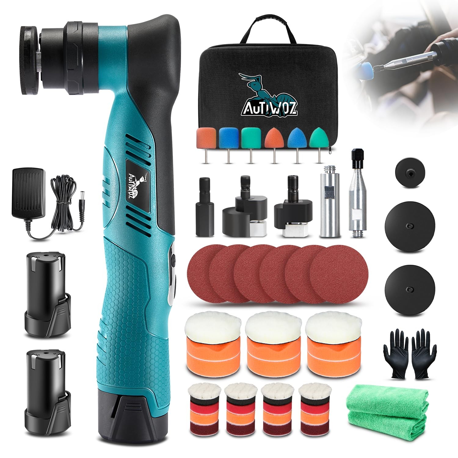 Cordless Mini Car Polisher AUTIWOZ 12mm 3mm Orbital 6 Speeds